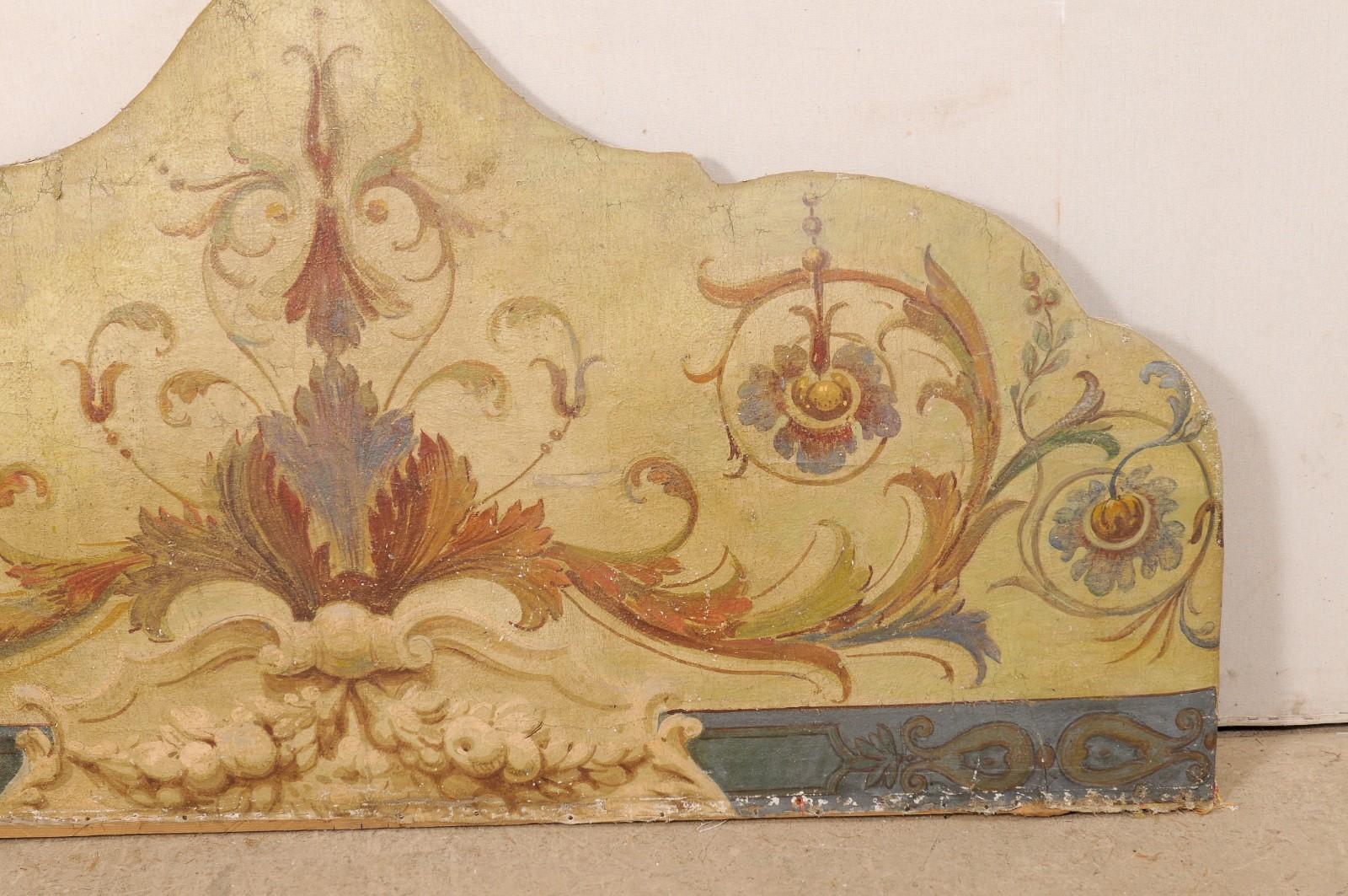Italian 19th C. Original Hand-Painted Fabric Headboard, Wall-Mounted Decoration In Good Condition In Atlanta, GA