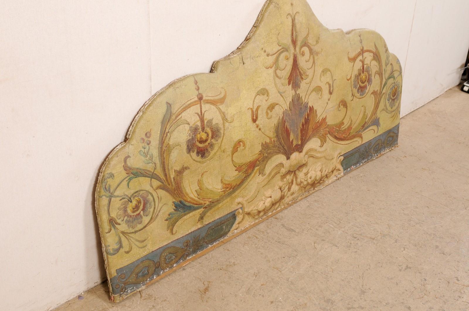 Italian 19th C. Original Hand-Painted Fabric Headboard, Wall-Mounted Decoration 1
