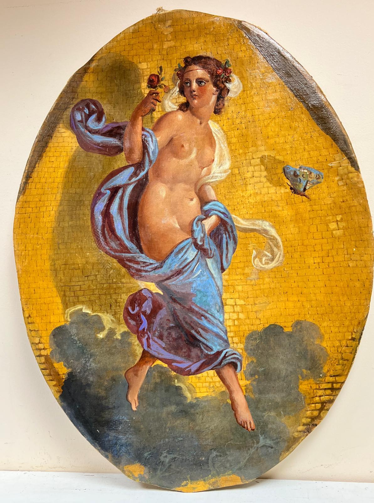 Italian 19th C Nude Painting - 19th Century Large Italian Oval Oil Painting Nude Classical Lady Gold Background