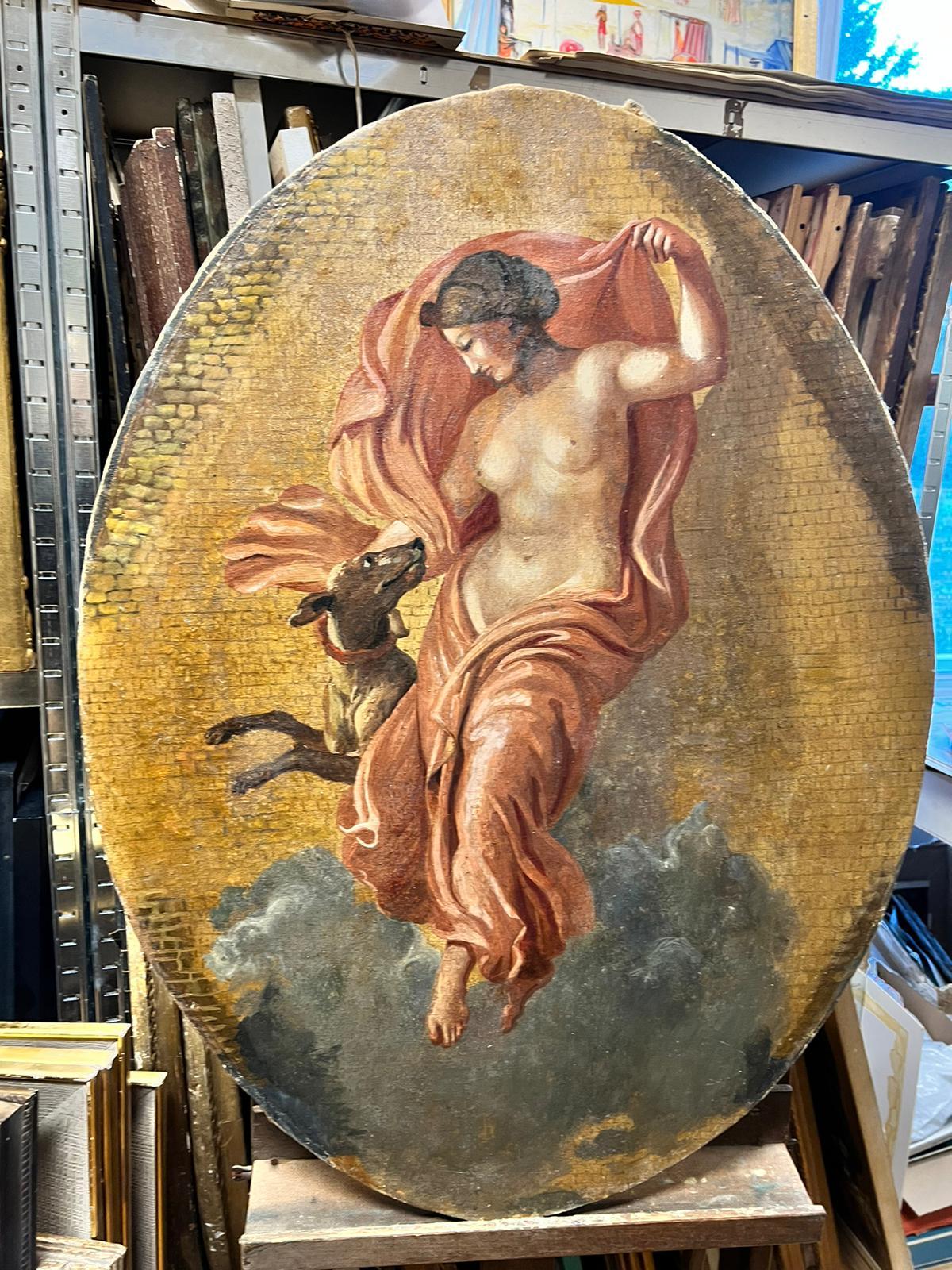 Fine Antique Classical Nude Draped in Robes Dancing with Dog Gold Background - Painting by Italian 19th C