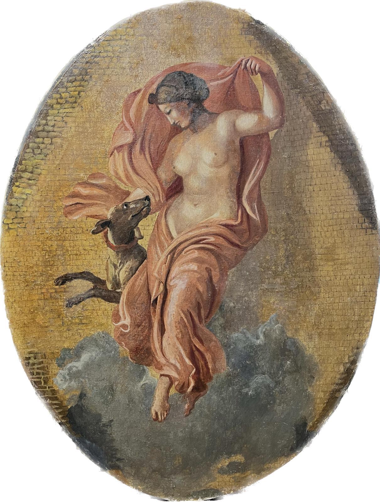 Italian 19th C Portrait Painting - Fine Antique Classical Nude Draped in Robes Dancing with Dog Gold Background