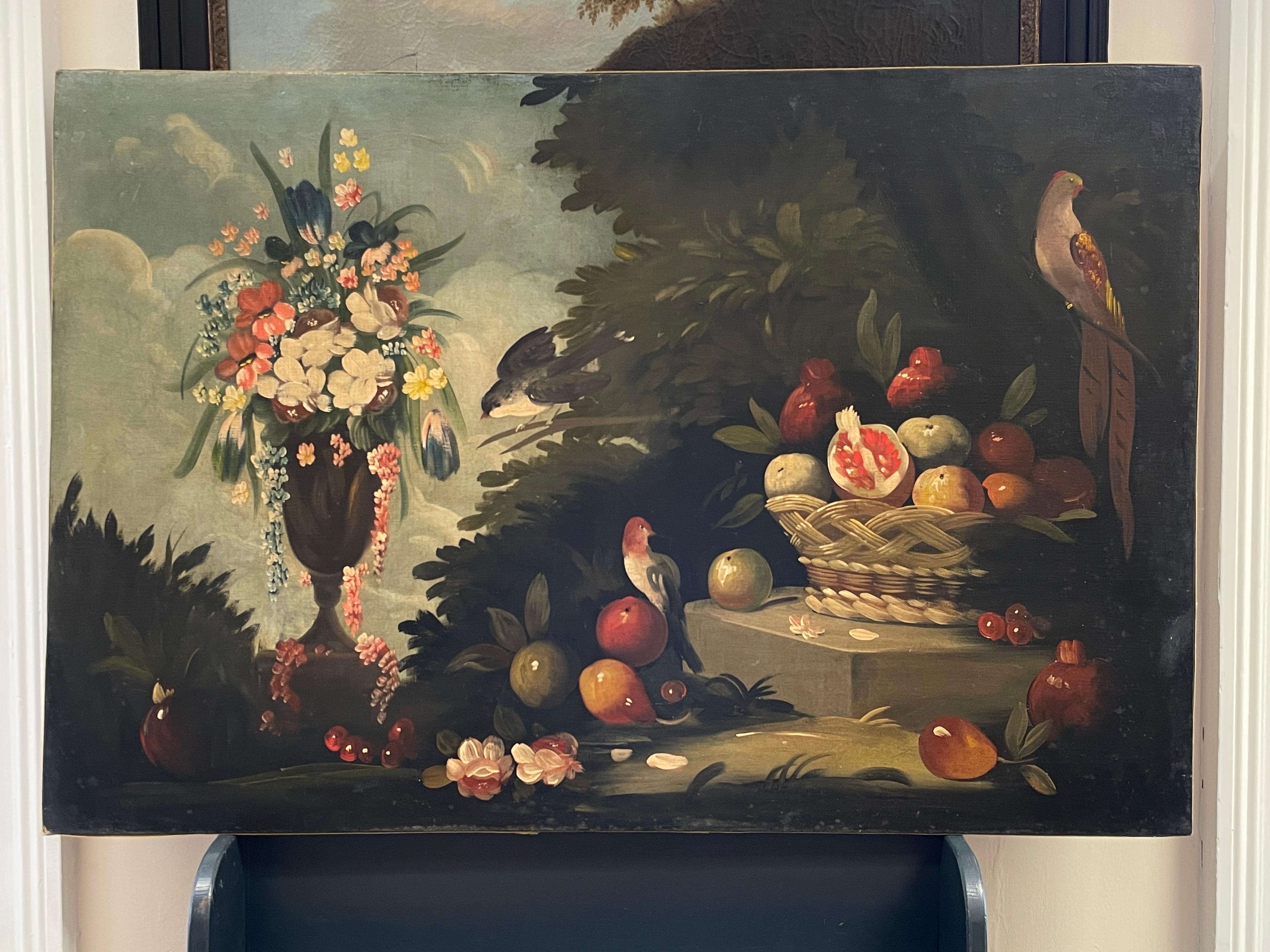 Großes italienisches klassisches Stillleben des 19. Jahrhunderts mit Ornamentvögeln, Obst und Blumen – Painting von Italian 19th C