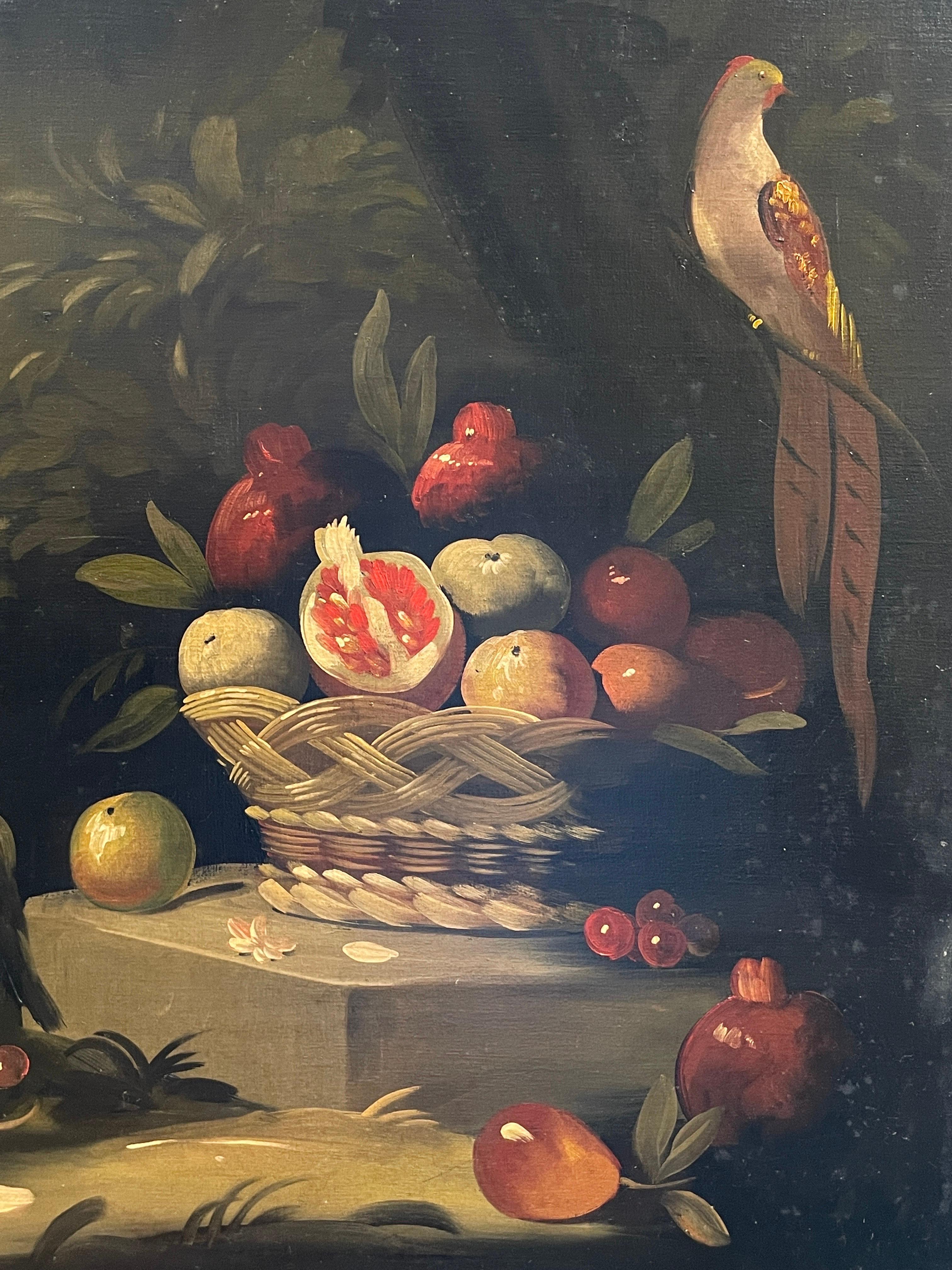Großes italienisches klassisches Stillleben des 19. Jahrhunderts mit Ornamentvögeln, Obst und Blumen (Alte Meister), Painting, von Italian 19th C