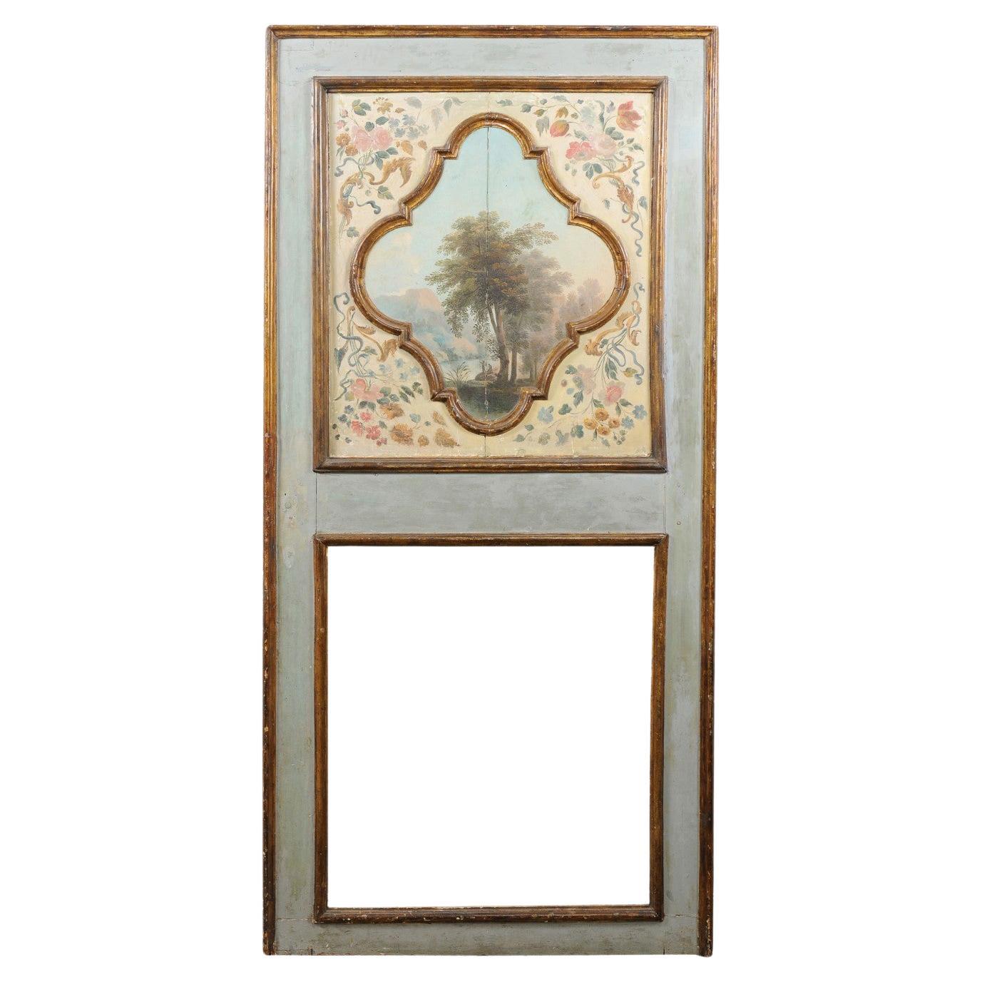 Italian 19th C. Pier Mirror w/ Serene Landscape Oil Painting at Top Panel