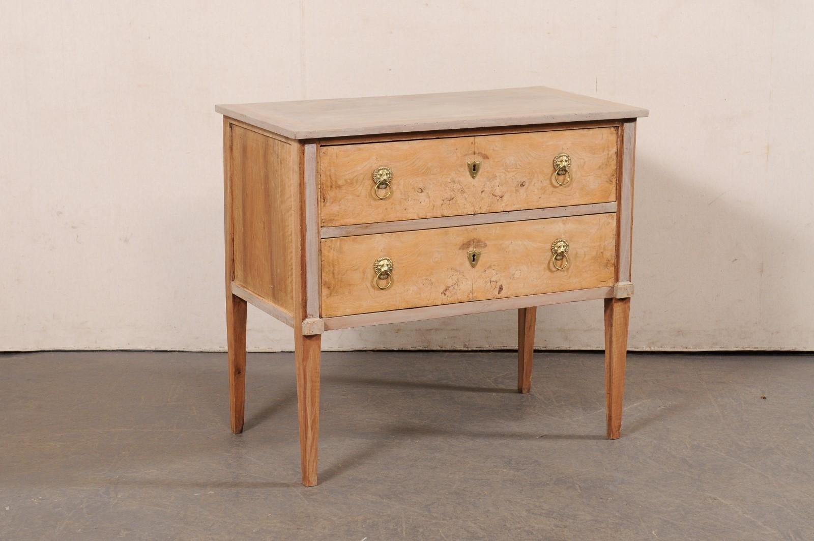 Cassettone italiano in legno sbiancato e dipinto del XIX secolo. Questa cassettiera antica proveniente dall'Italia presenta un piano dipinto e di forma rettangolare, sopra una cassa che ospita due cassetti a grandezza naturale, progettati con linee