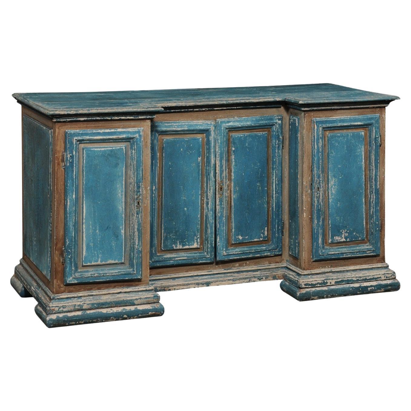 Italian 19th C. Reverse-Breakfront Credenza w/Hidden Drawer Storage, Blue For Sale
