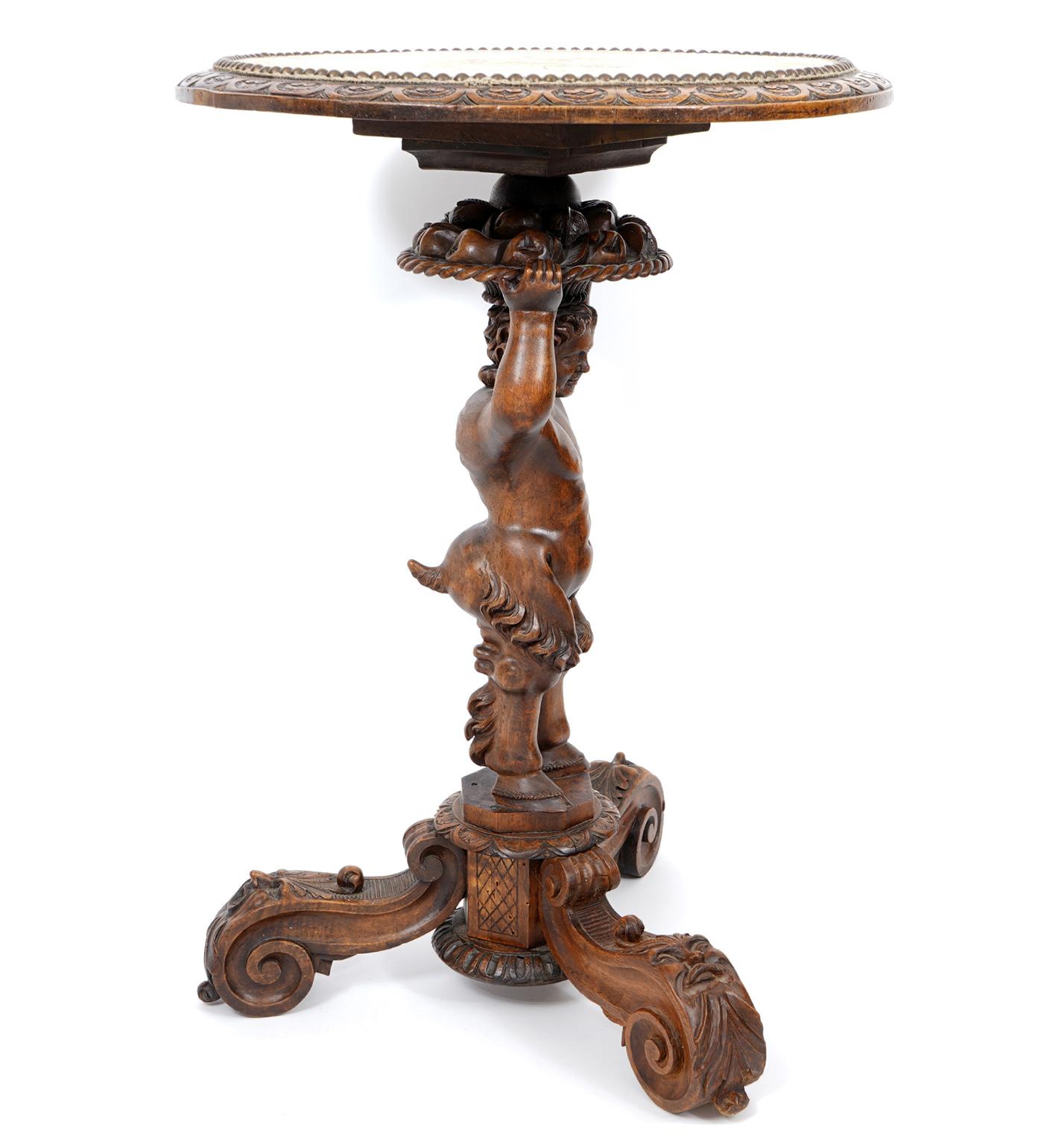 Italian 19th C. Richly Carved Walnut Round Table Supported by a Young Satyr 3
