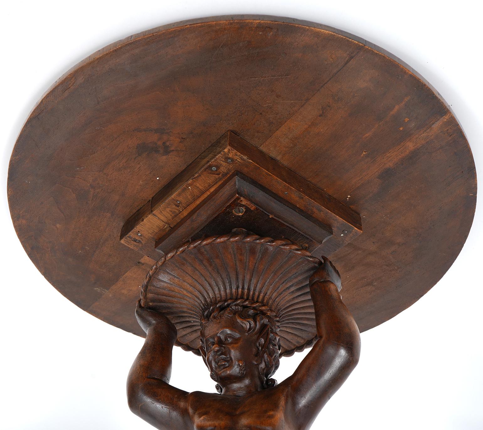 Italian 19th C. Richly Carved Walnut Round Table Supported by a Young Satyr 11