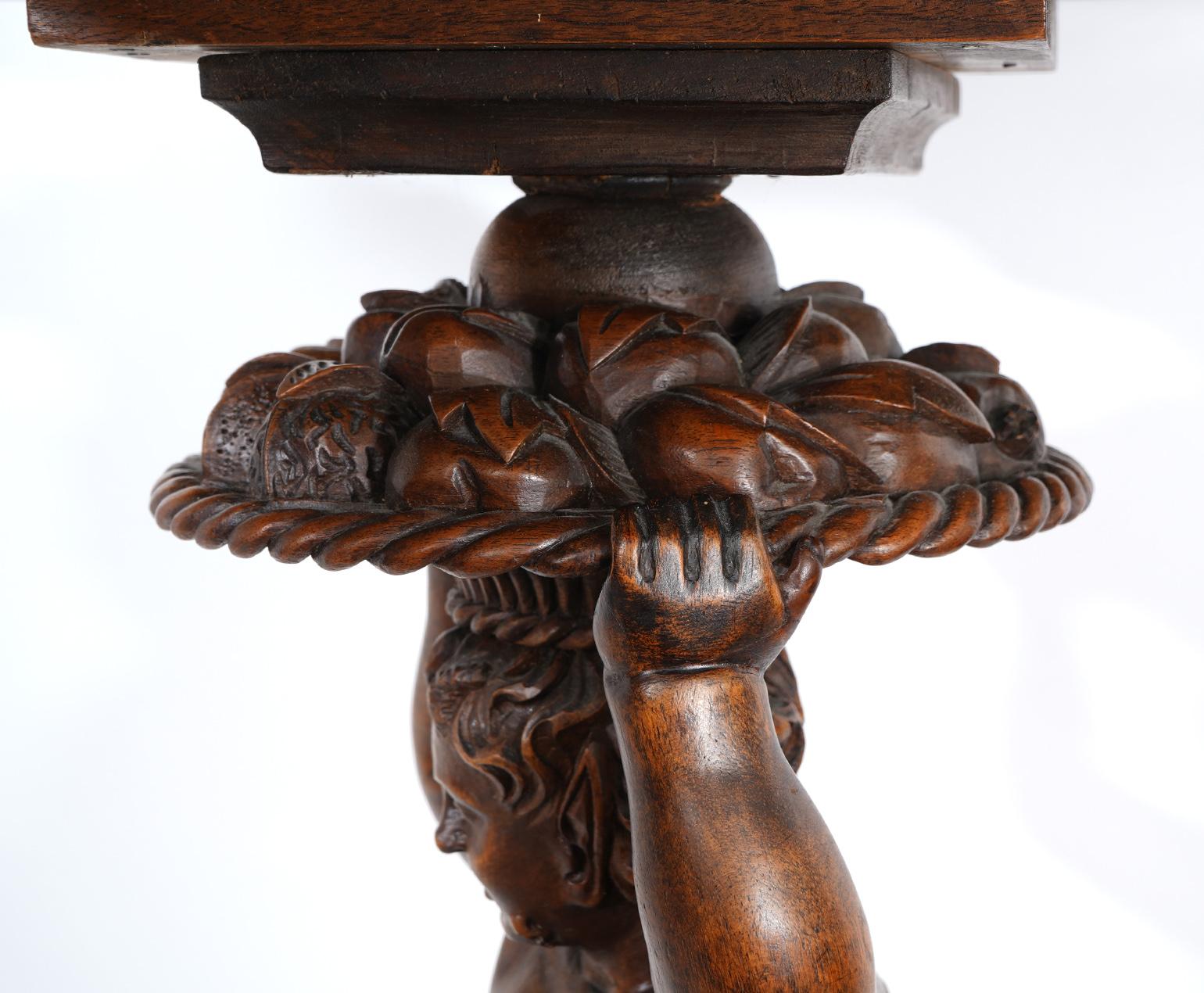 Italian 19th C. Richly Carved Walnut Round Table Supported by a Young Satyr 12