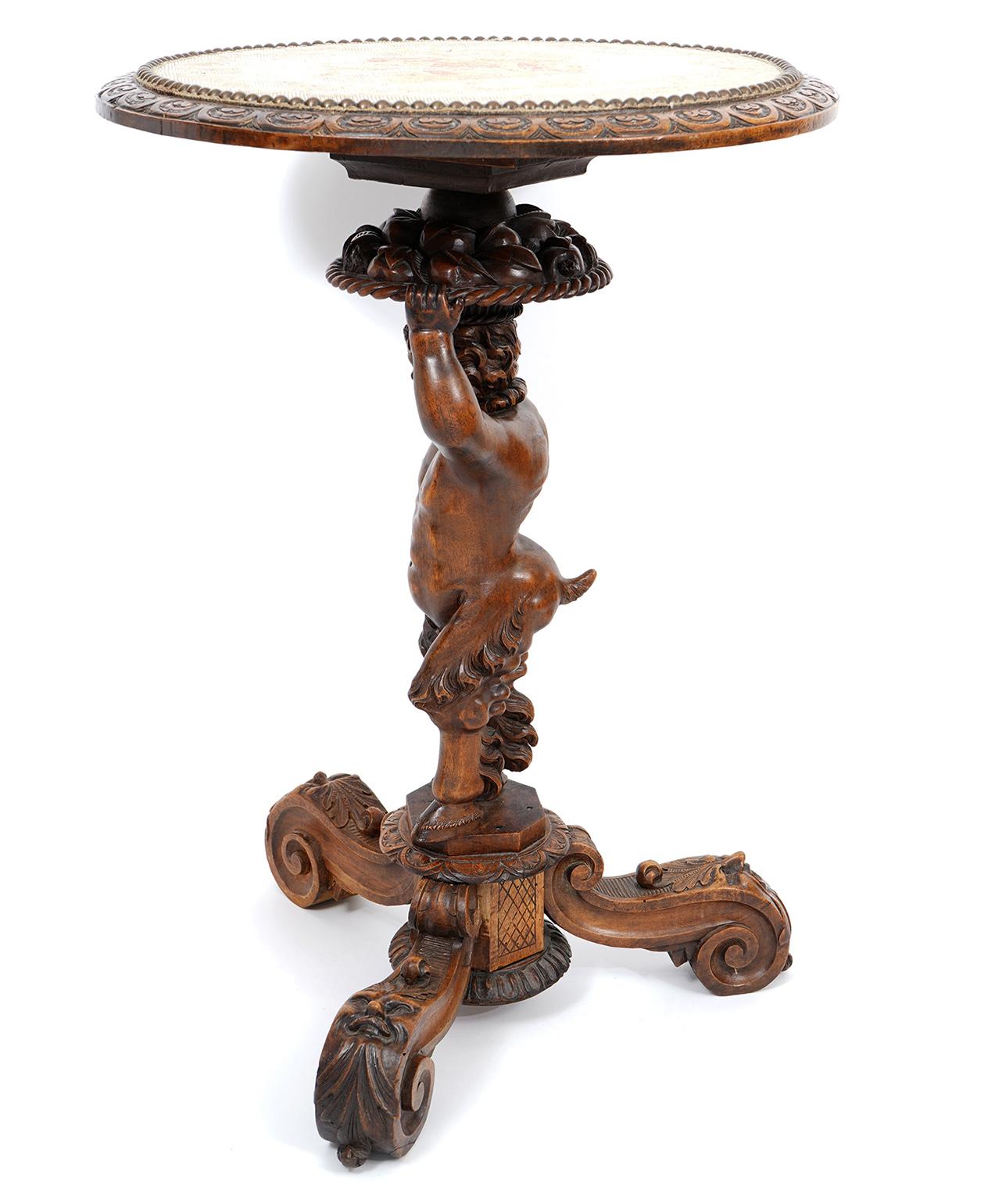 Textile Italian 19th C. Richly Carved Walnut Round Table Supported by a Young Satyr