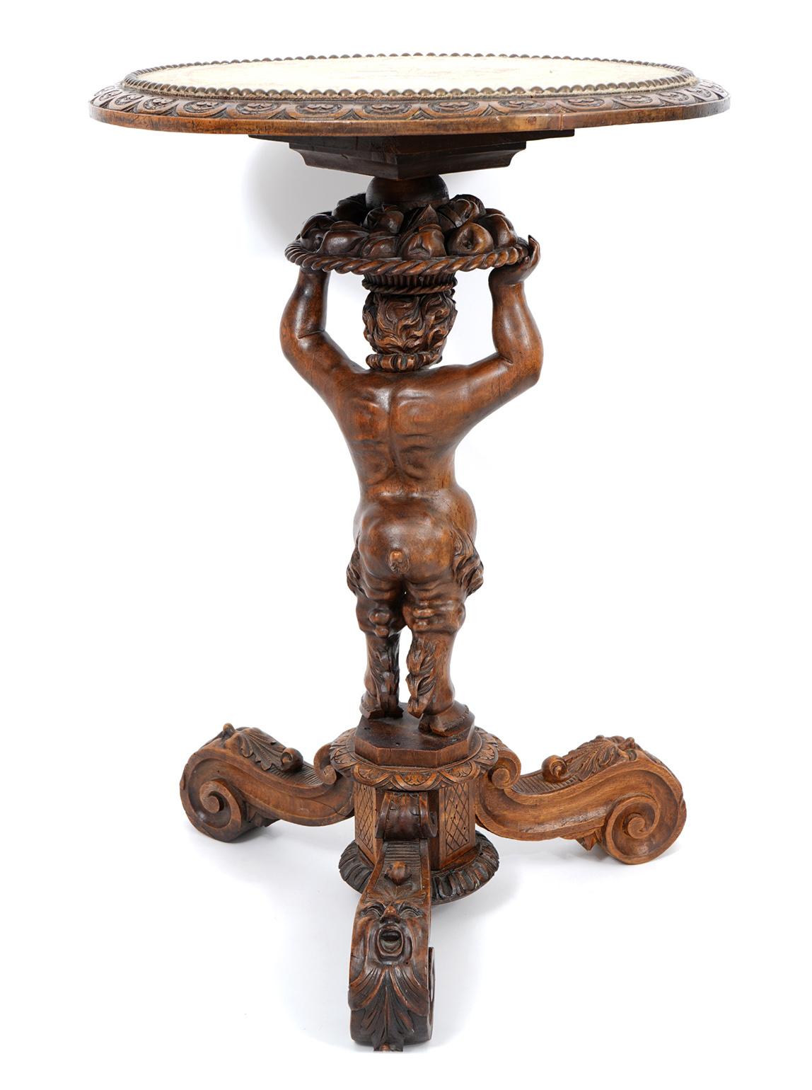 Italian 19th C. Richly Carved Walnut Round Table Supported by a Young Satyr 1