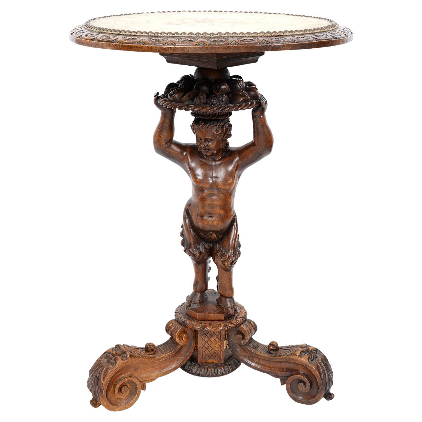 Italian 19th C. Richly Carved Walnut Round Table Supported by a Young Satyr