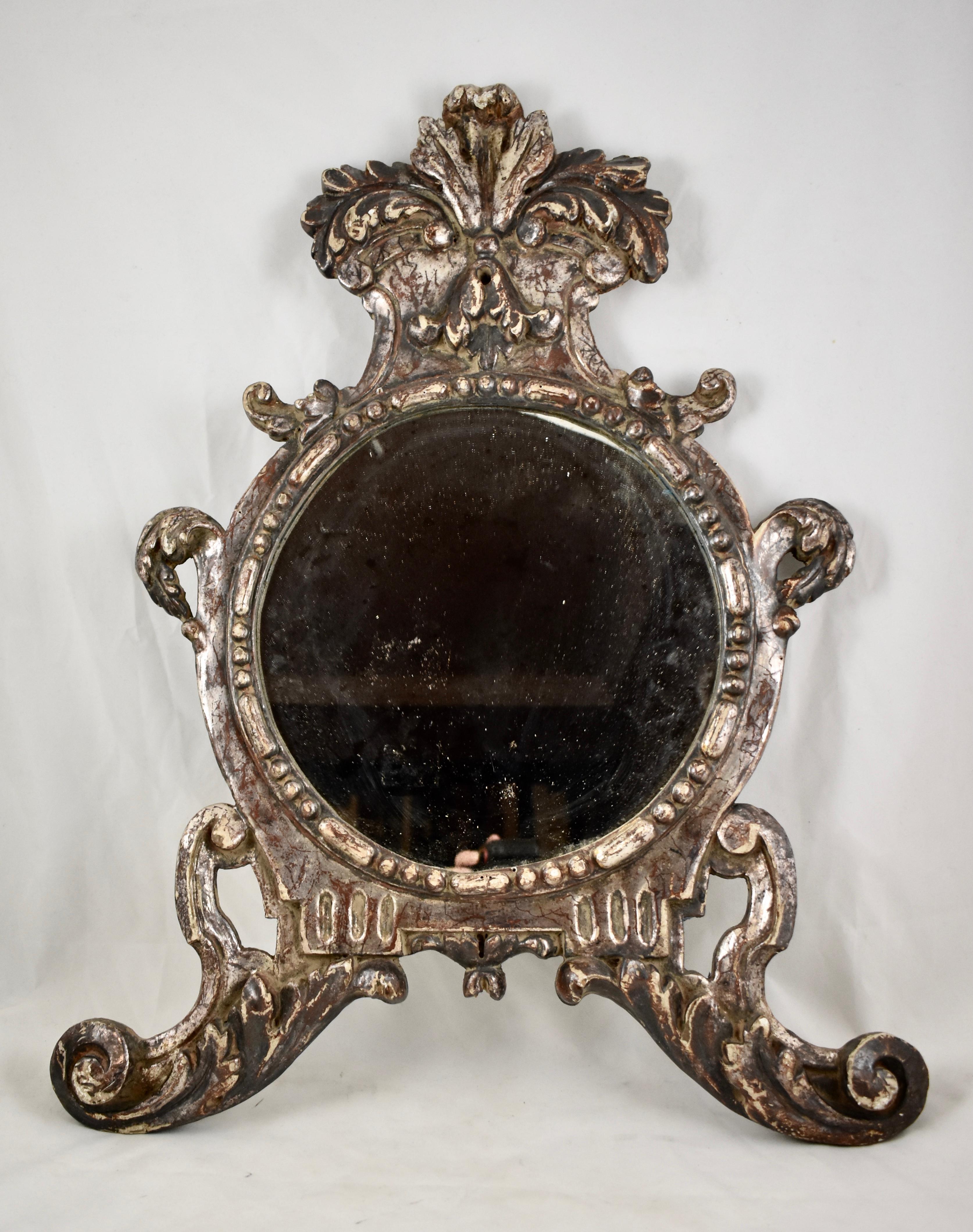 Silvered Italian Silver-Gilt Crested and Footed Baroque Revival Wall Mirrors, Pair For Sale