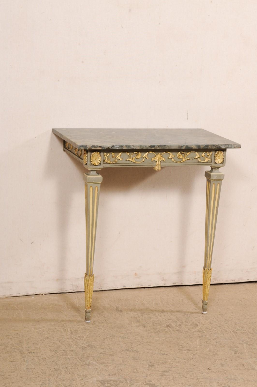 Italian 19th C. Two-Leg Carved & Gilt Wood Wall Console w/Green Marble Top In Good Condition For Sale In Atlanta, GA