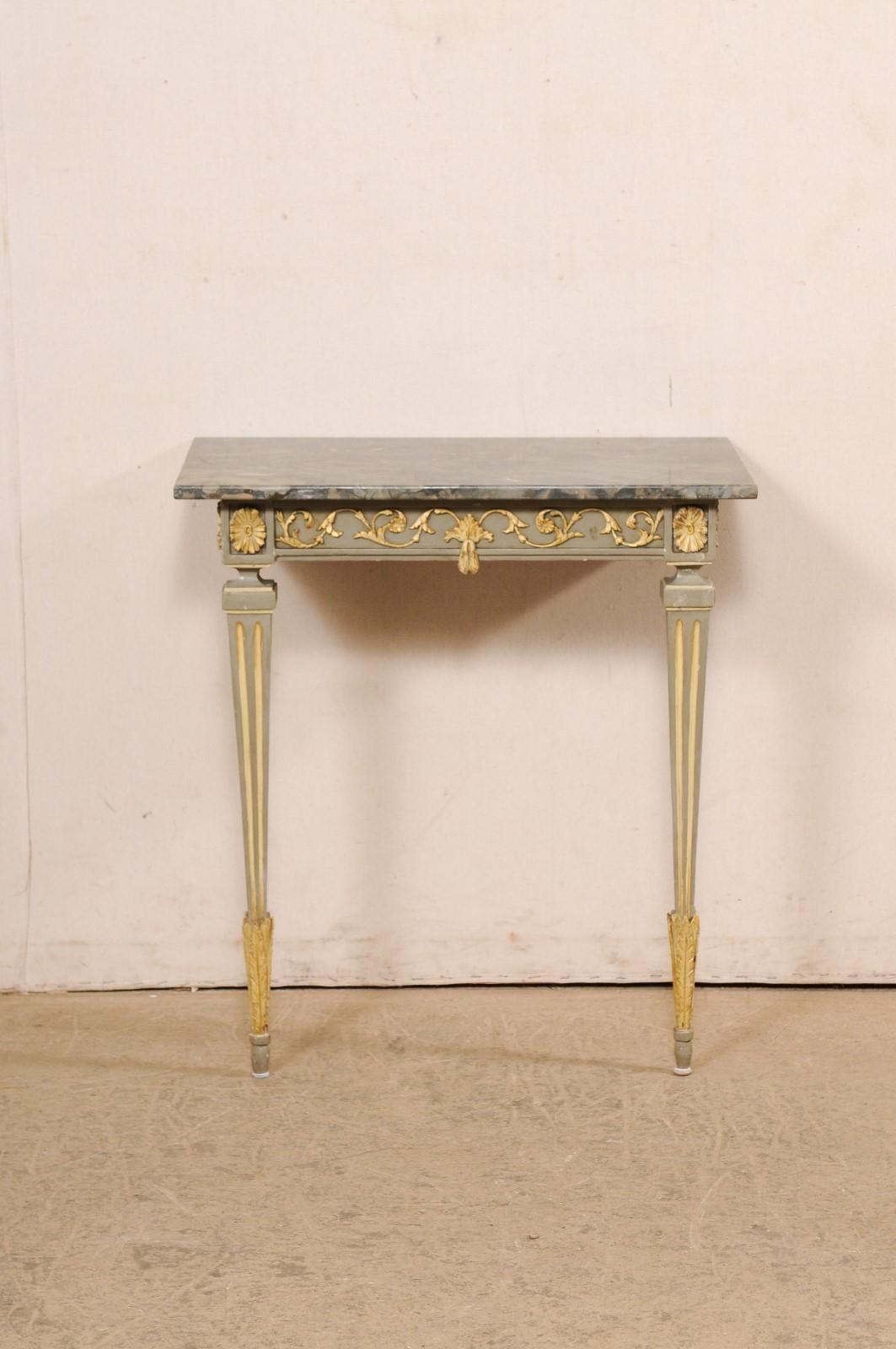 19th Century Italian 19th C. Two-Leg Carved & Gilt Wood Wall Console w/Green Marble Top For Sale