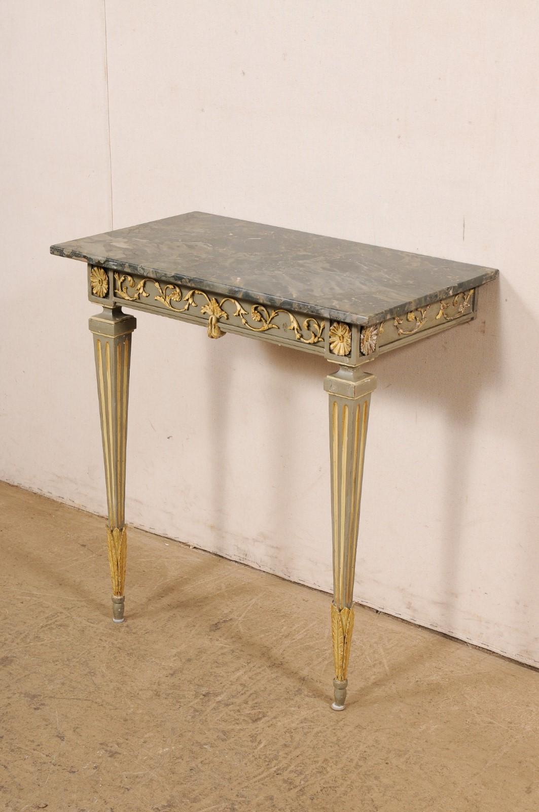 Italian 19th C. Two-Leg Carved & Gilt Wood Wall Console w/Green Marble Top For Sale 4