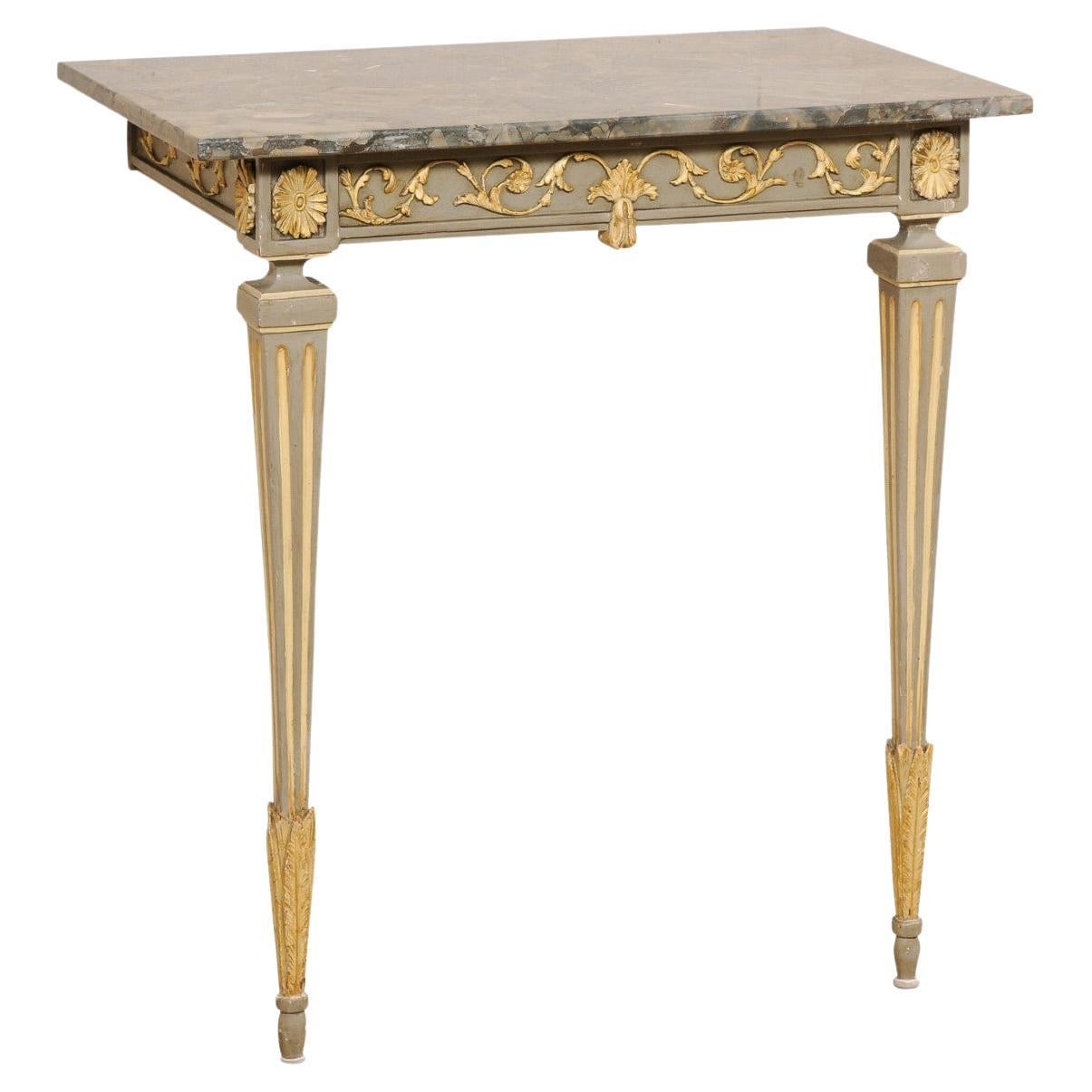 Italian 19th C. Two-Leg Carved & Gilt Wood Wall Console w/Green Marble Top
