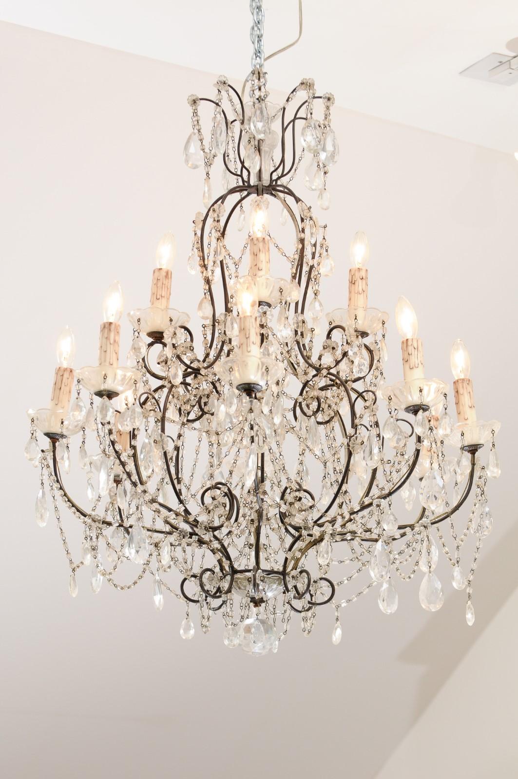 Italian 19th Century 10-Light Crystal and Iron Chandelier with Scrolling Arms For Sale 7