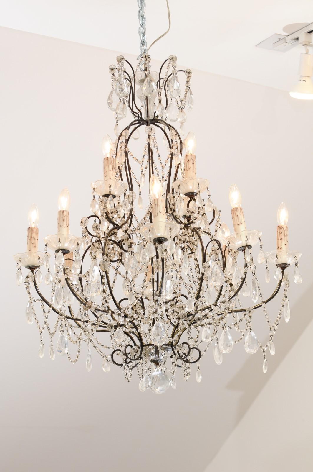 Italian 19th Century 10-Light Crystal and Iron Chandelier with Scrolling Arms For Sale 8