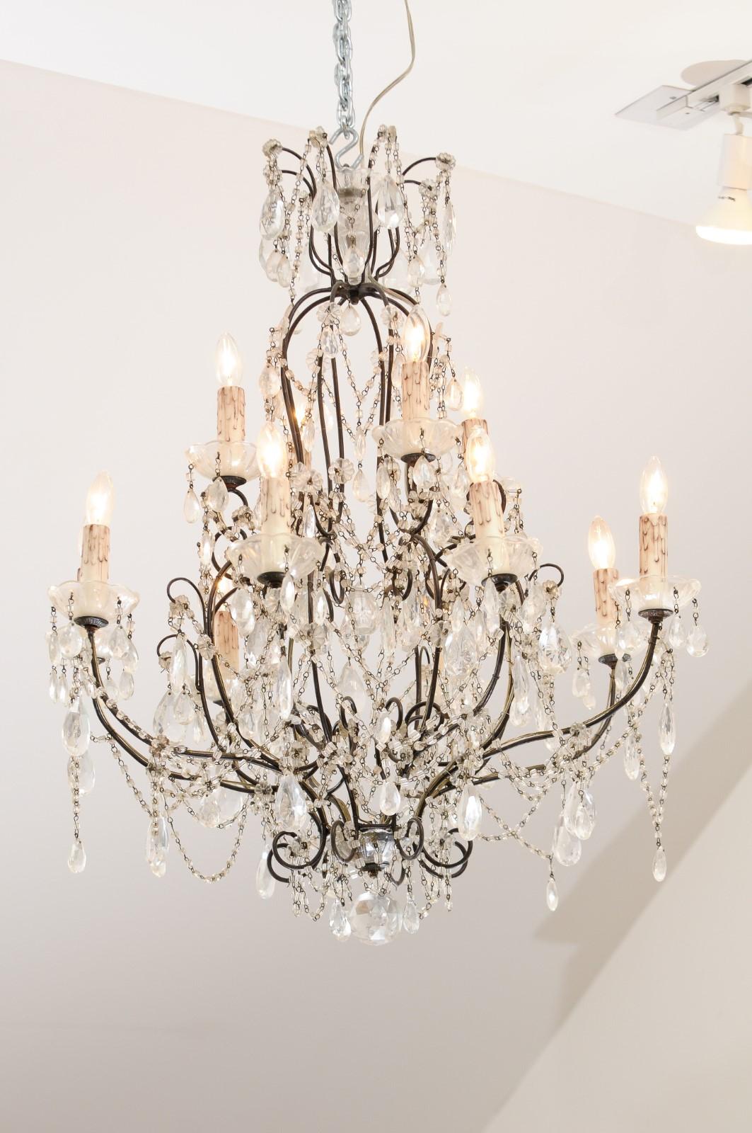 Italian 19th Century 10-Light Crystal and Iron Chandelier with Scrolling Arms For Sale 9