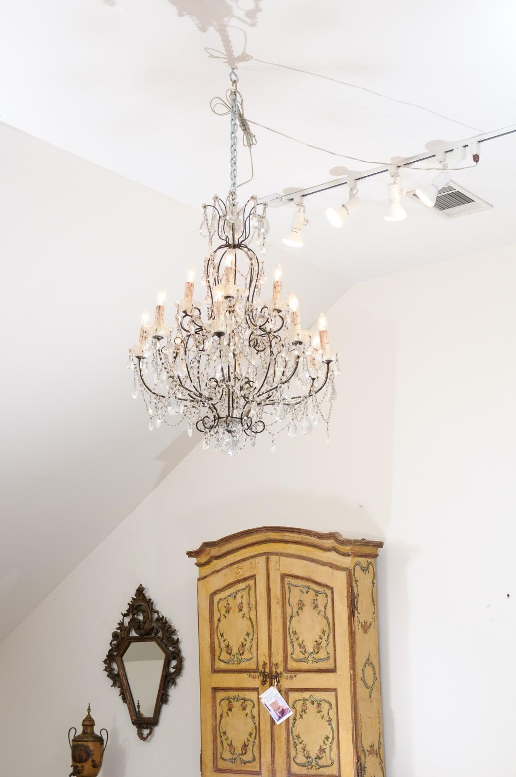 Italian 19th Century 10-Light Crystal and Iron Chandelier with Scrolling Arms For Sale 13