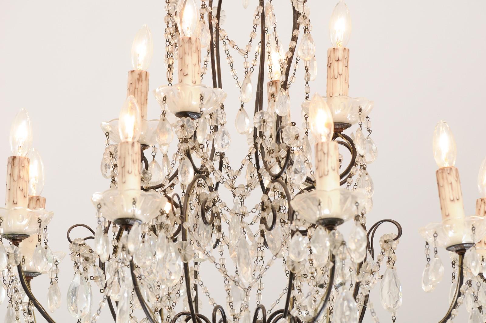 Italian 19th Century 10-Light Crystal and Iron Chandelier with Scrolling Arms For Sale 1