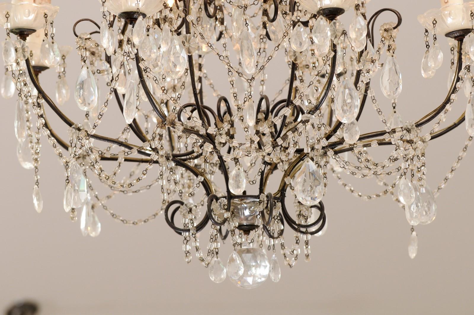 Italian 19th Century 10-Light Crystal and Iron Chandelier with Scrolling Arms For Sale 2