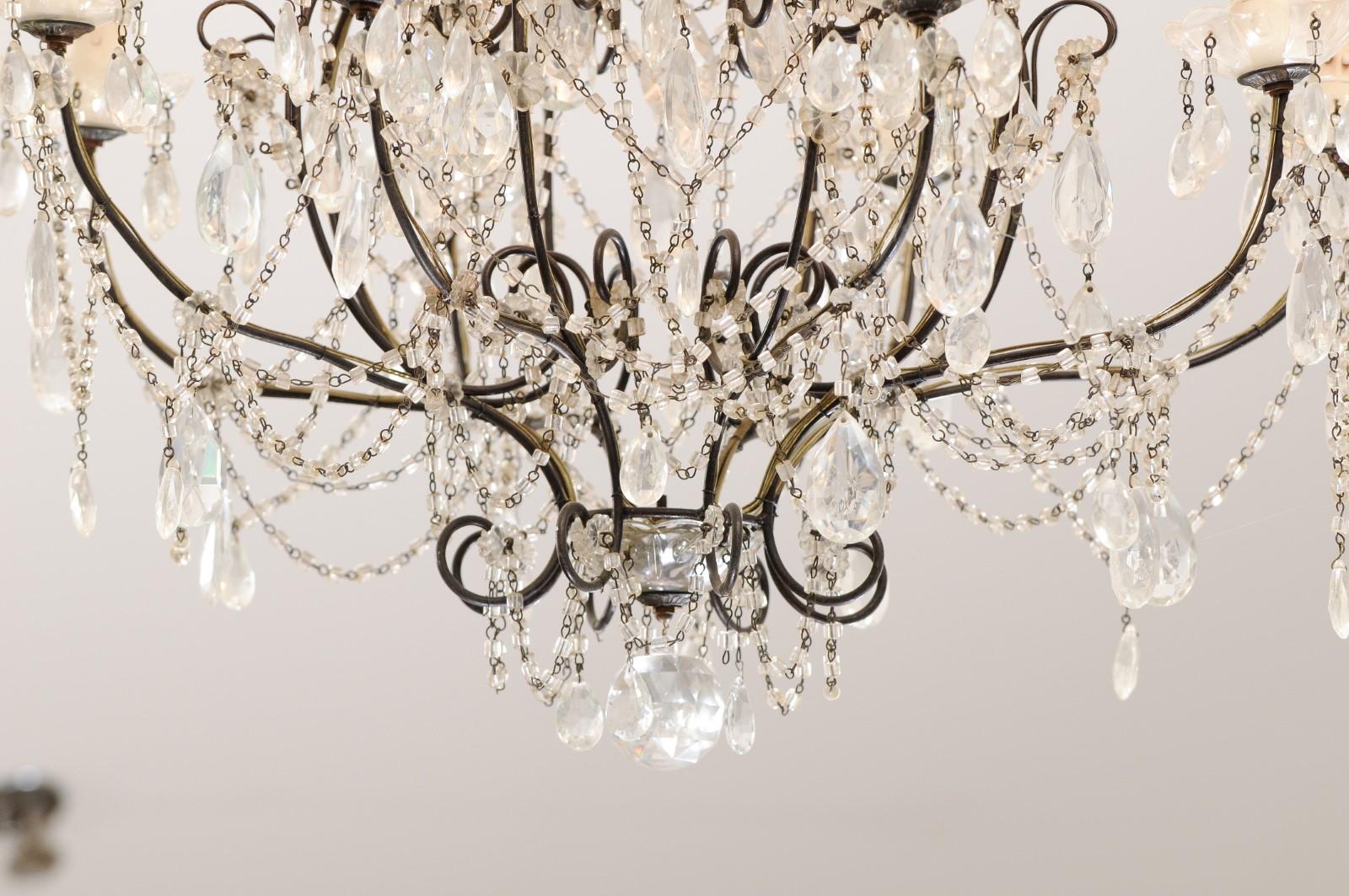 Italian 19th Century 10-Light Crystal and Iron Chandelier with Scrolling Arms For Sale 3