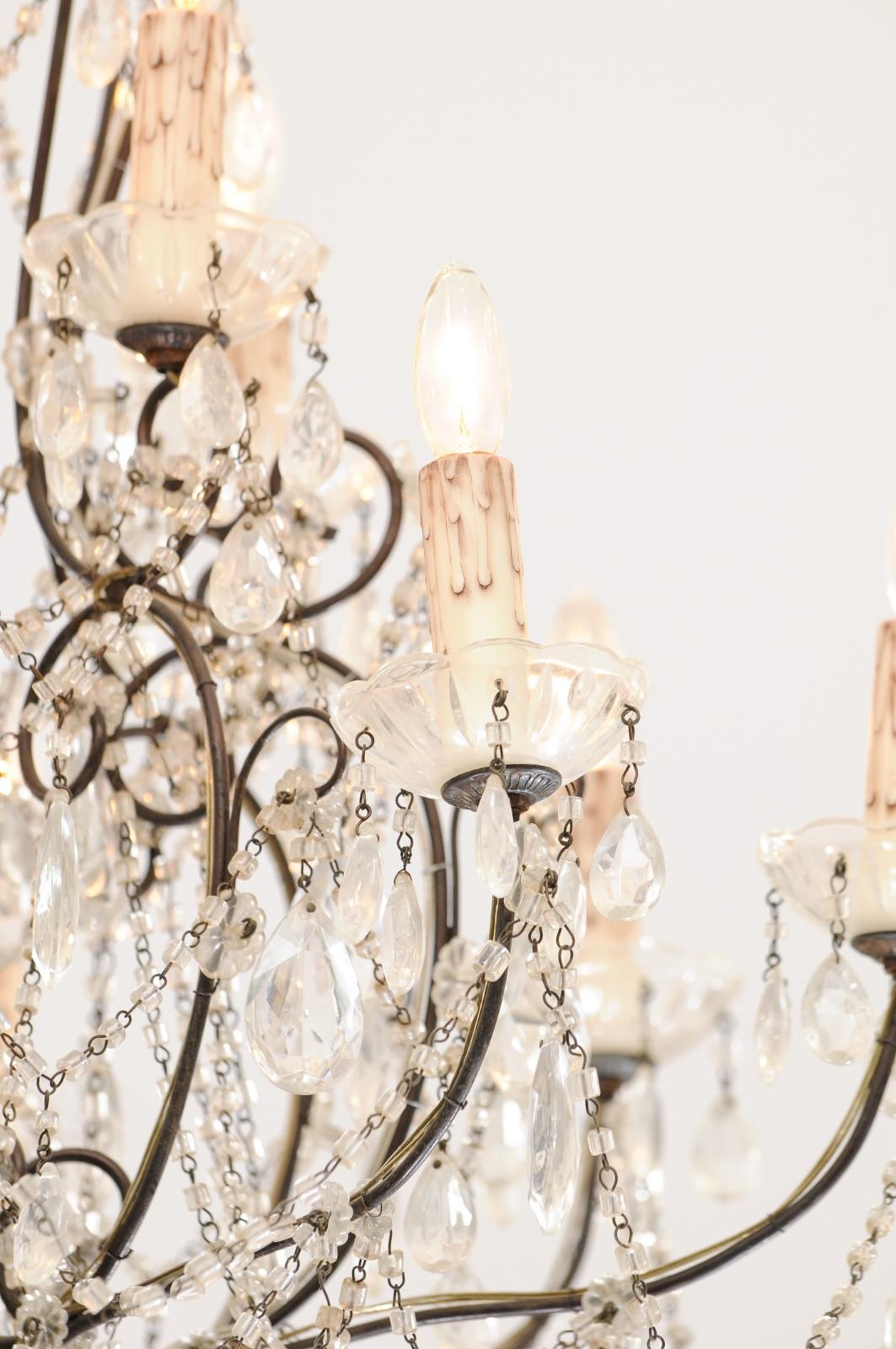 Italian 19th Century 10-Light Crystal and Iron Chandelier with Scrolling Arms For Sale 4