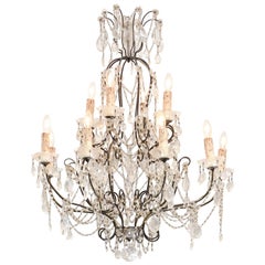 Antique Italian 19th Century 10-Light Crystal and Iron Chandelier with Scrolling Arms