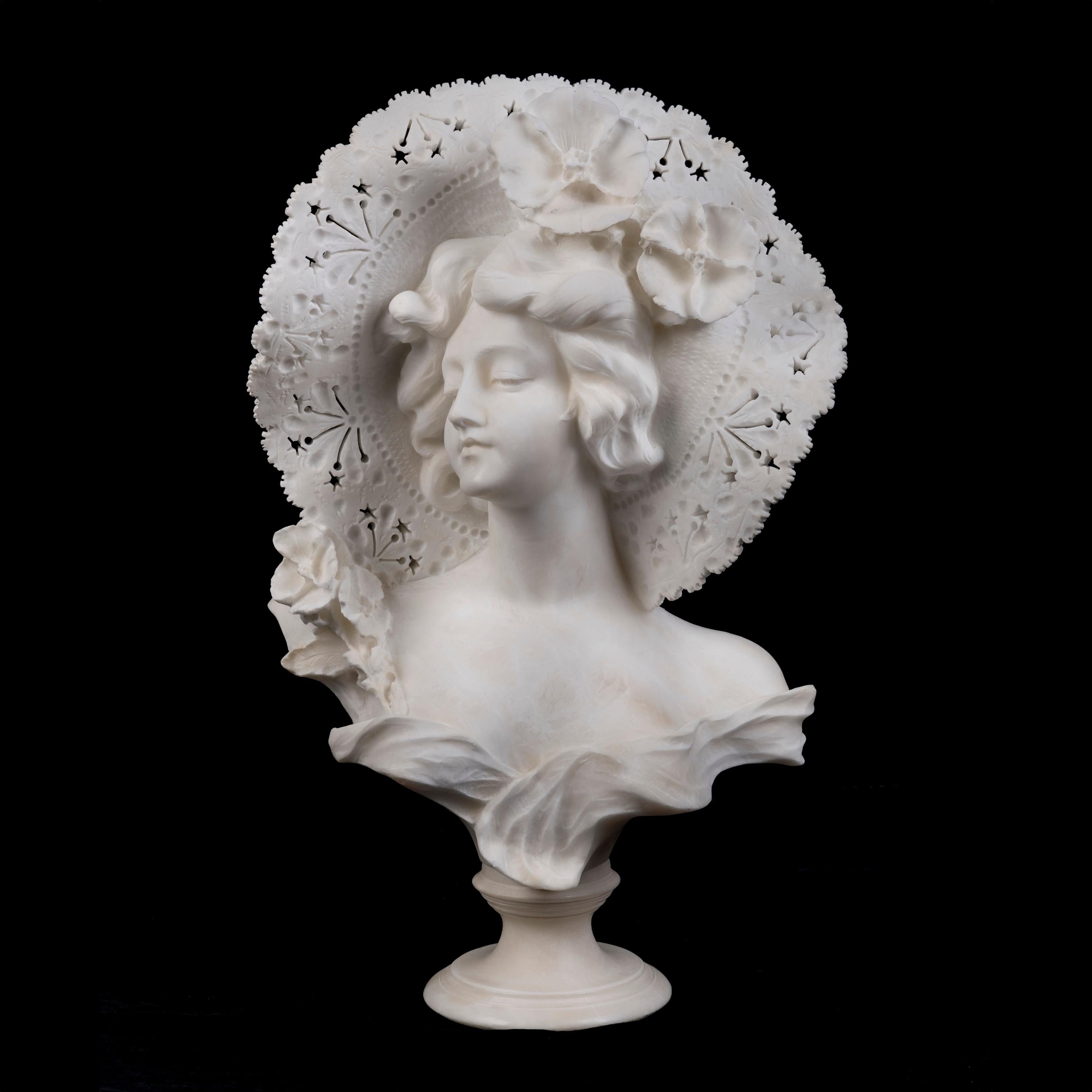 Art Nouveau Italian 19th Century Alabaster Bust of an Elegant Lady by  Adolfo Cipriani For Sale