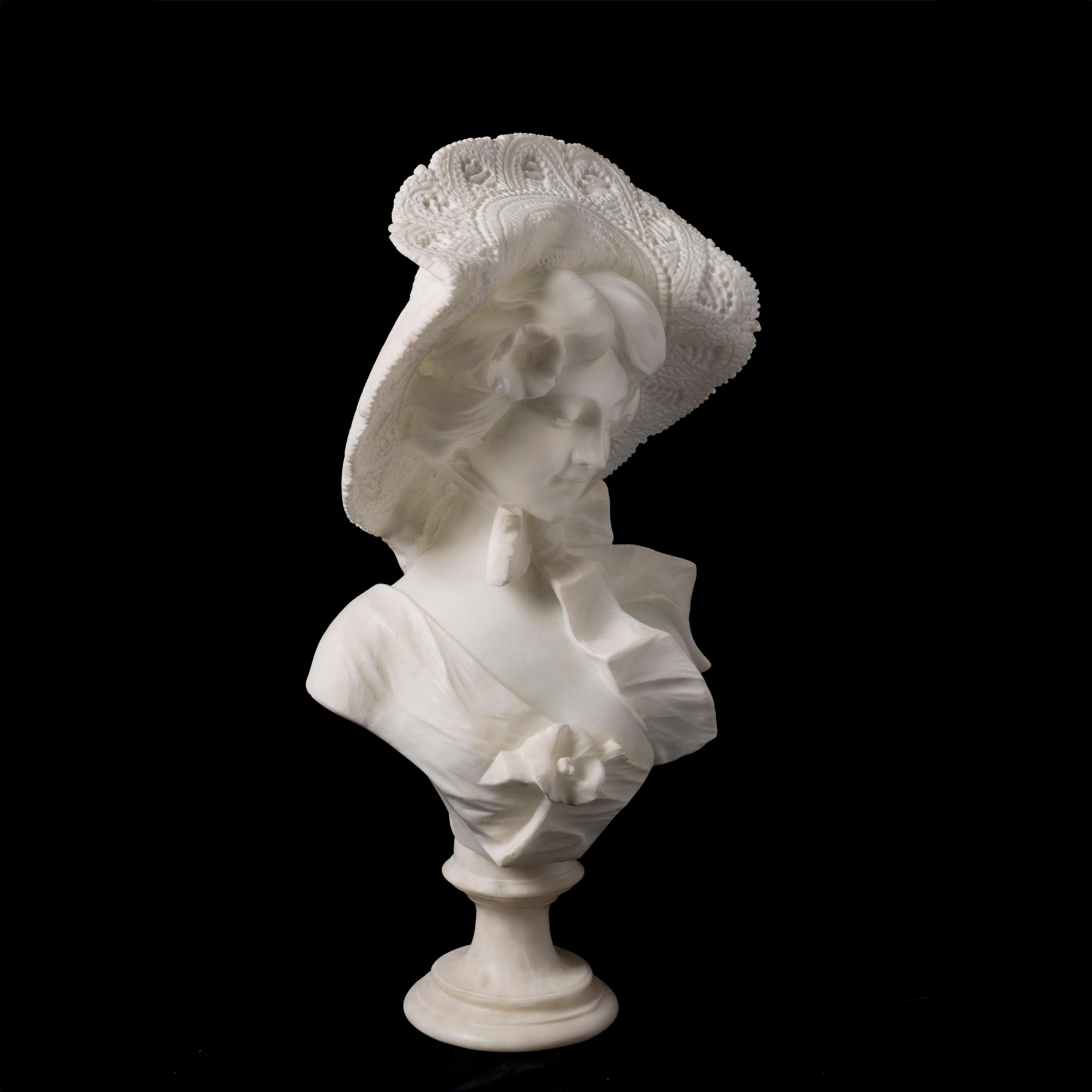 Hand-Carved Italian 19th Century Alabaster Bust of an Elegant Lady by Adolfo Cipriani For Sale