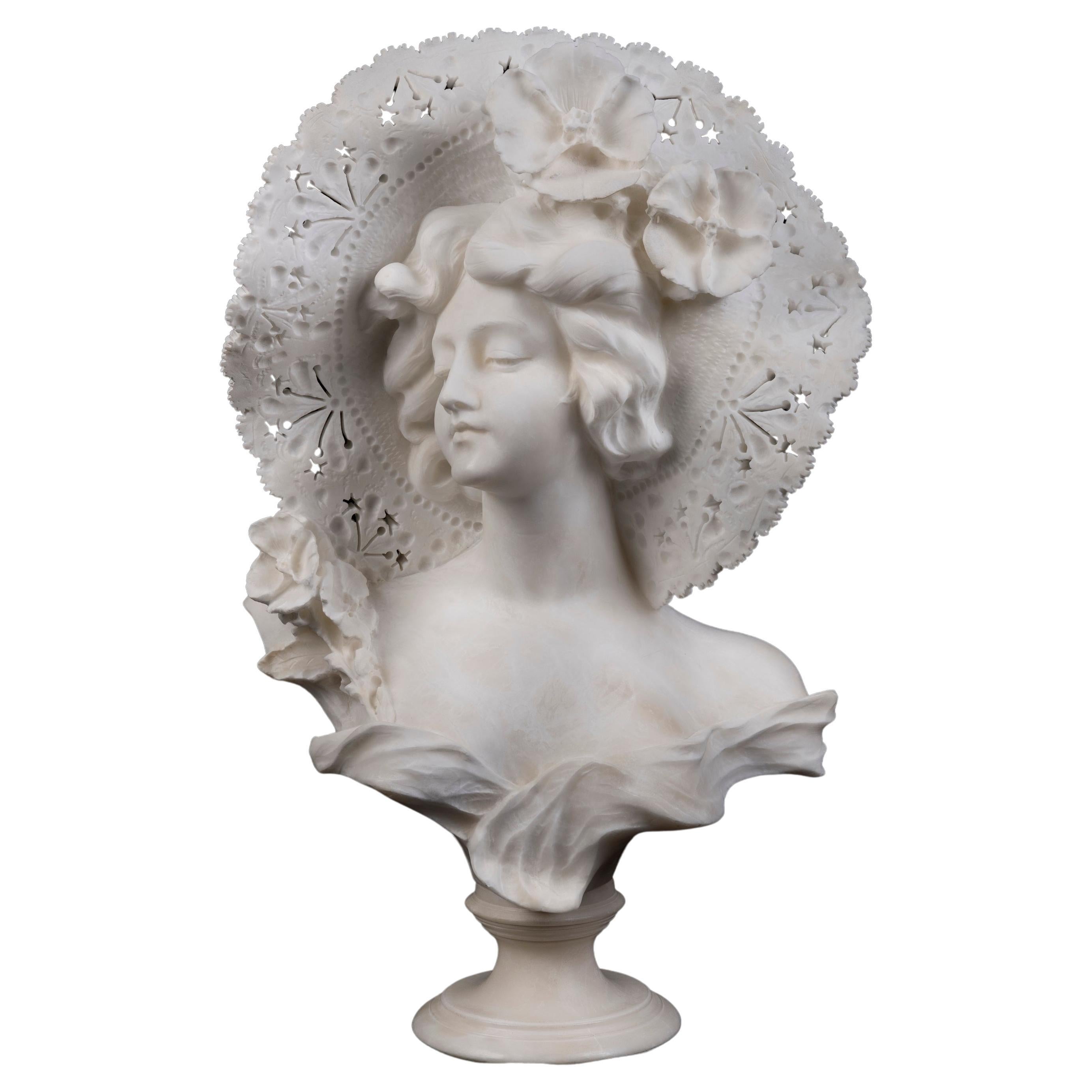 Buste italien en albâtre du 19ème siècle représentant une femme élégante  Adolfo Cipriani
