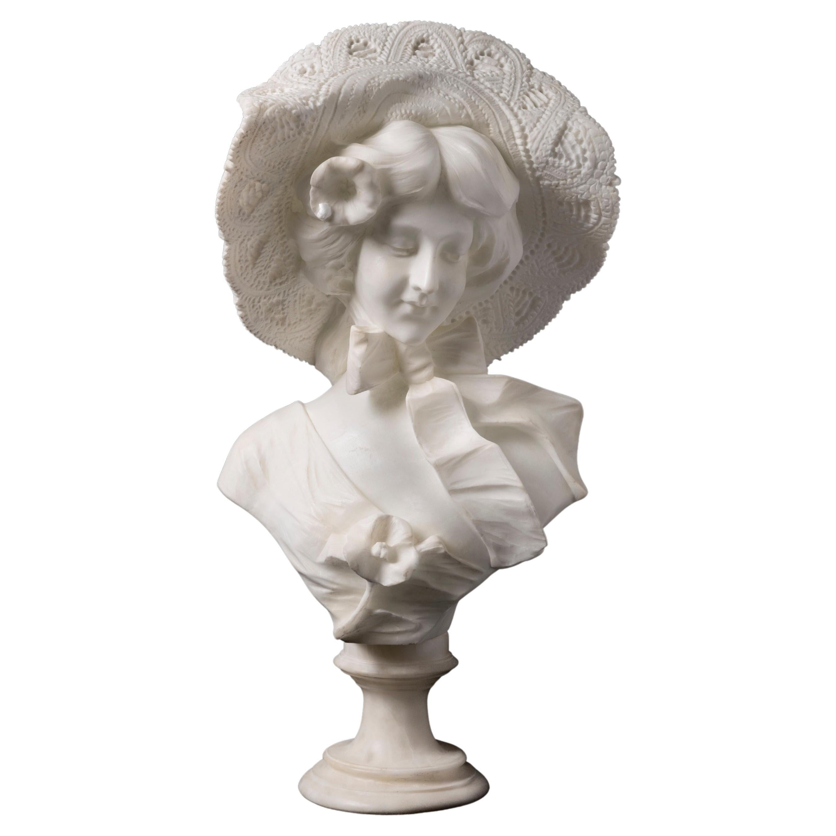 Buste italien en albâtre du 19ème siècle représentant une femme élégante par Adolfo Cipriani