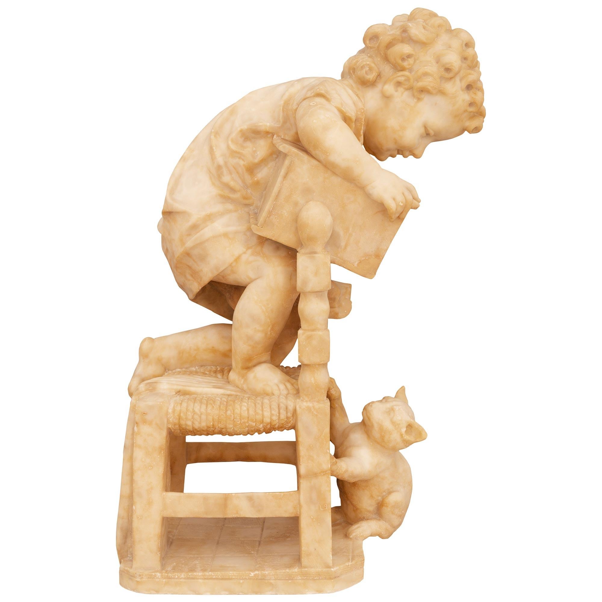 Marble Italian 19th Century Alabaster Statue Of A Boy And His Cat For Sale