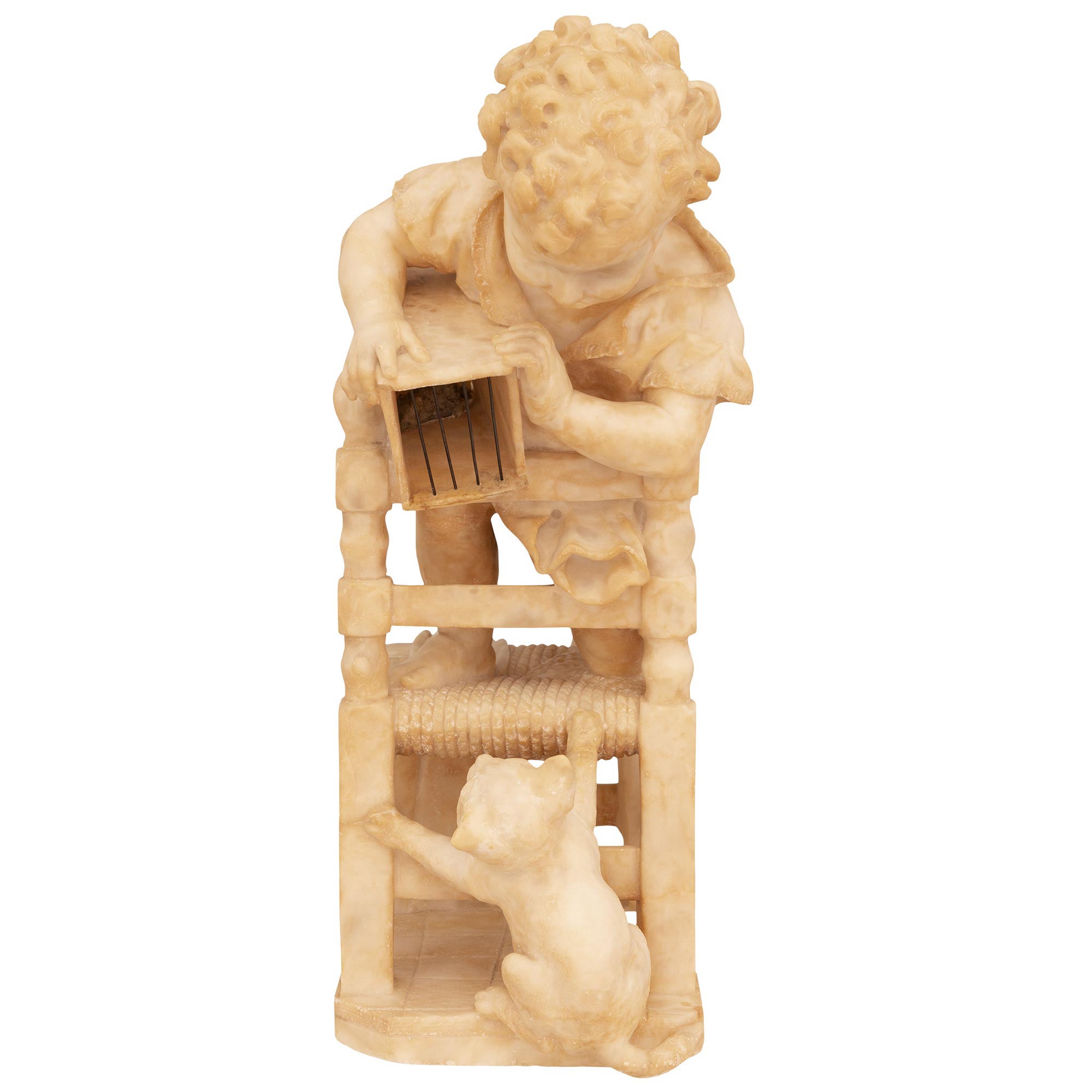 Italian 19th Century Alabaster Statue Of A Boy And His Cat