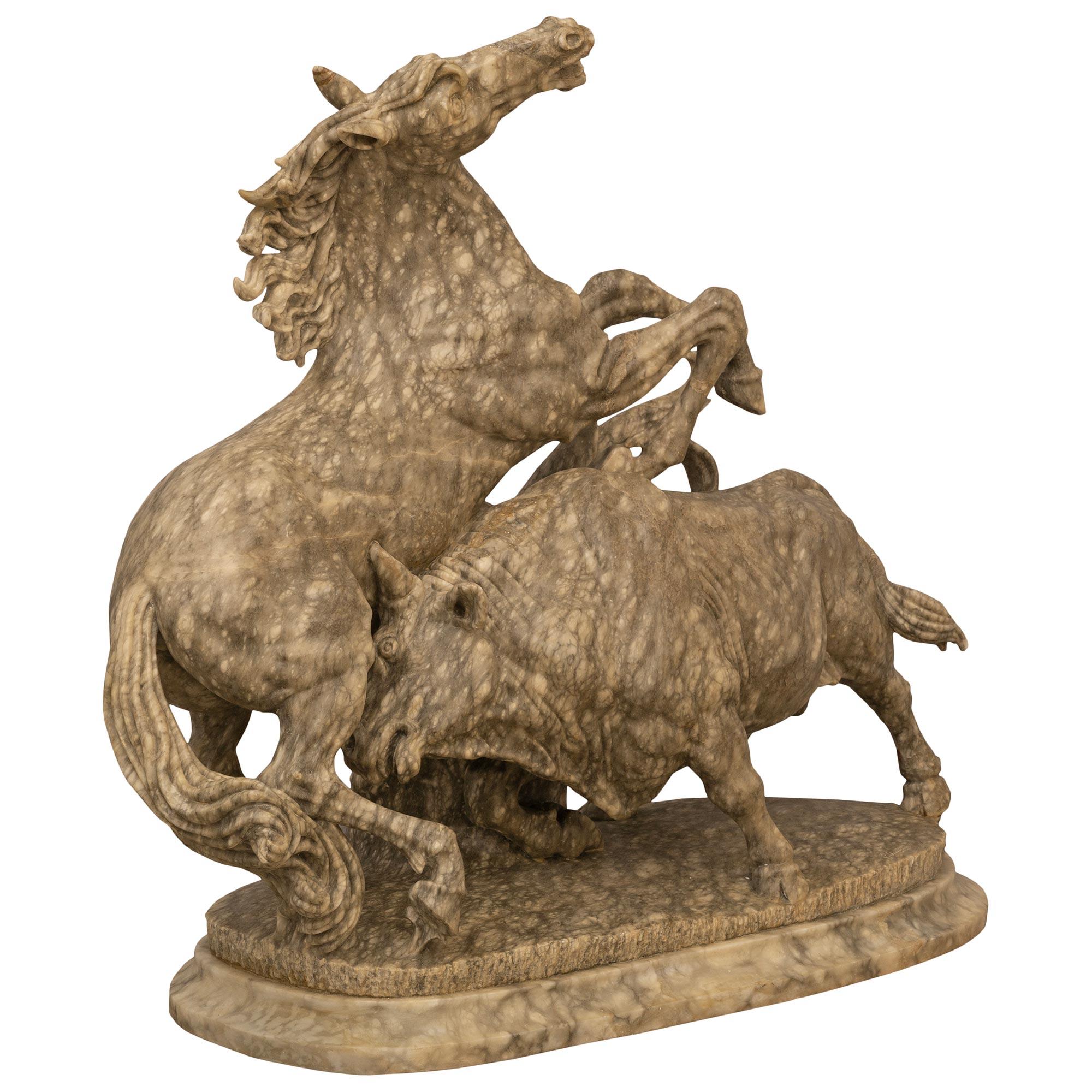 Italian 19th century Alabaster statue of a horse and bull in battle In Good Condition For Sale In West Palm Beach, FL