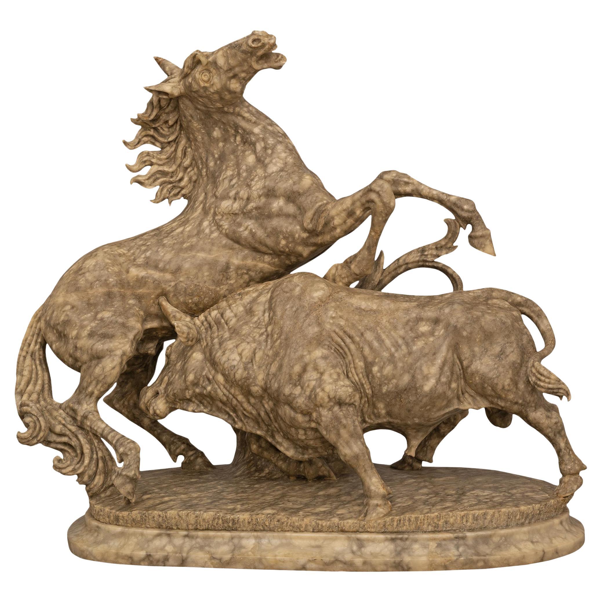 Italian 19th century Alabaster statue of a horse and bull in battle For Sale