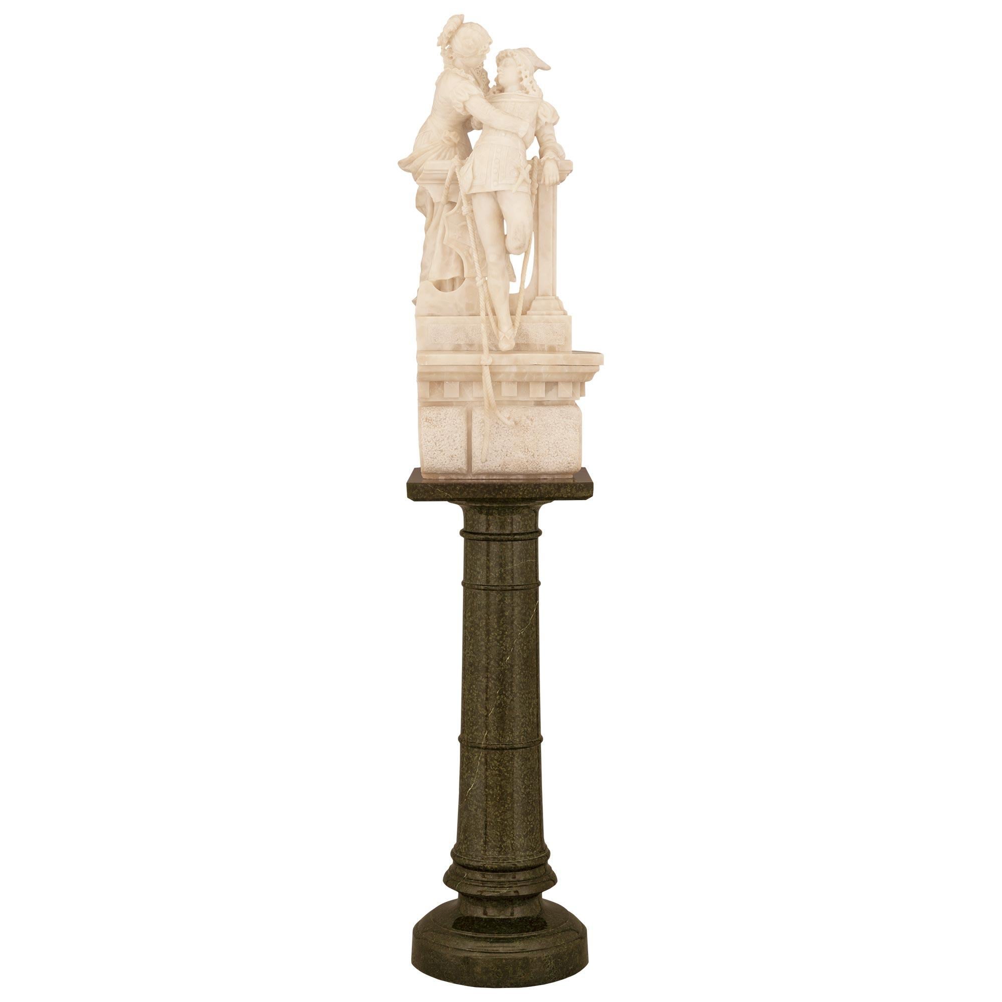 A stunning and extremely high quality Italian 19th century Alabaster statue of Romeo and Juliet signed F. Vichi Firenze 1893 on its original Vert de Patricia pedestal. The pedestal column is raised by a circular base with a fine wrap around mottled