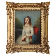 Peinture à l'huile italienne du 19e siècle sur toile, jeune femme avec un livre