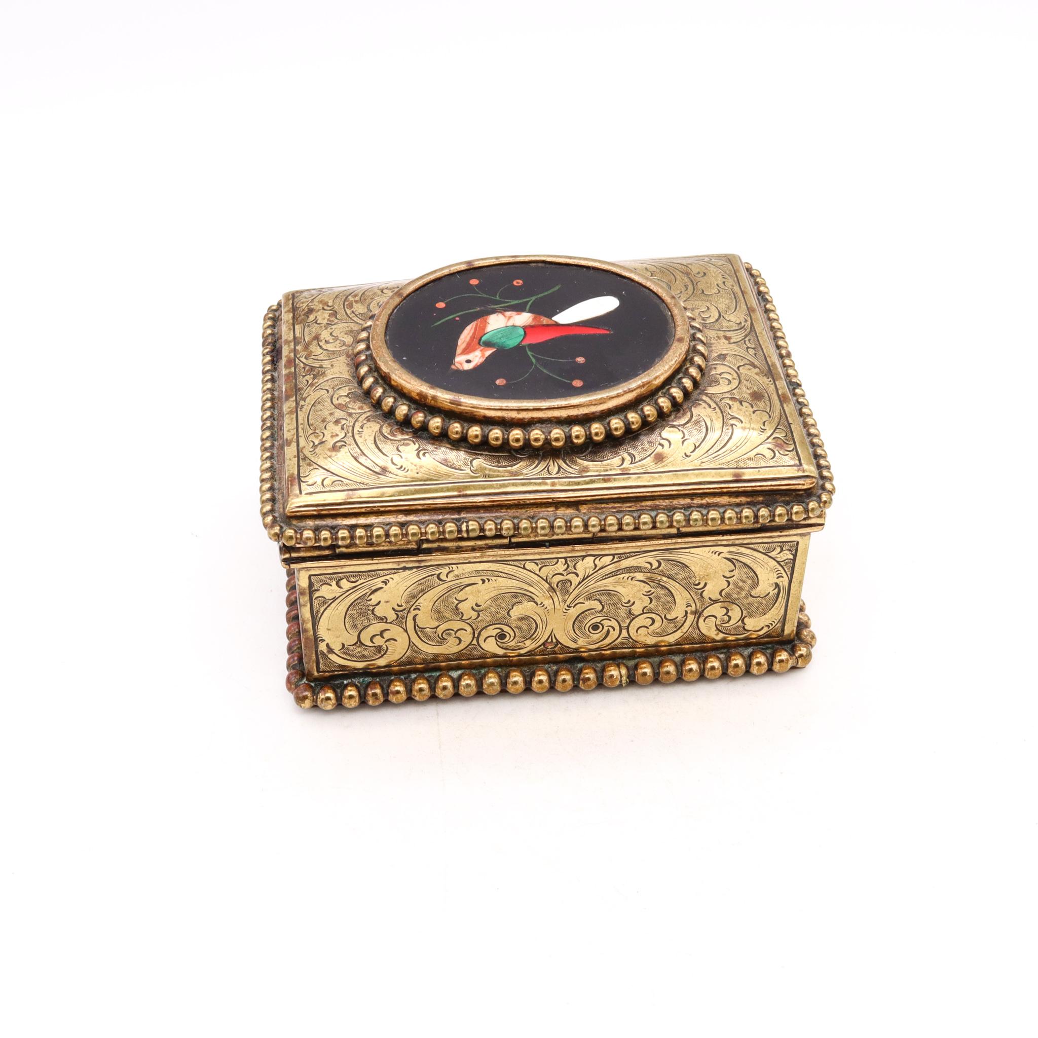 Brass Italian 19th Century Antique Pietra Dura Mosaic Chest Box in Gilt Bronze For Sale