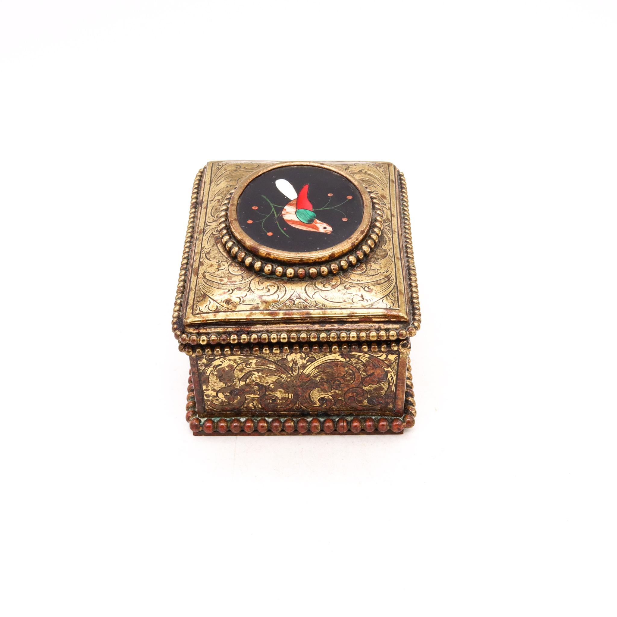 Italian 19th Century Antique Pietra Dura Mosaic Chest Box in Gilt Bronze For Sale 1