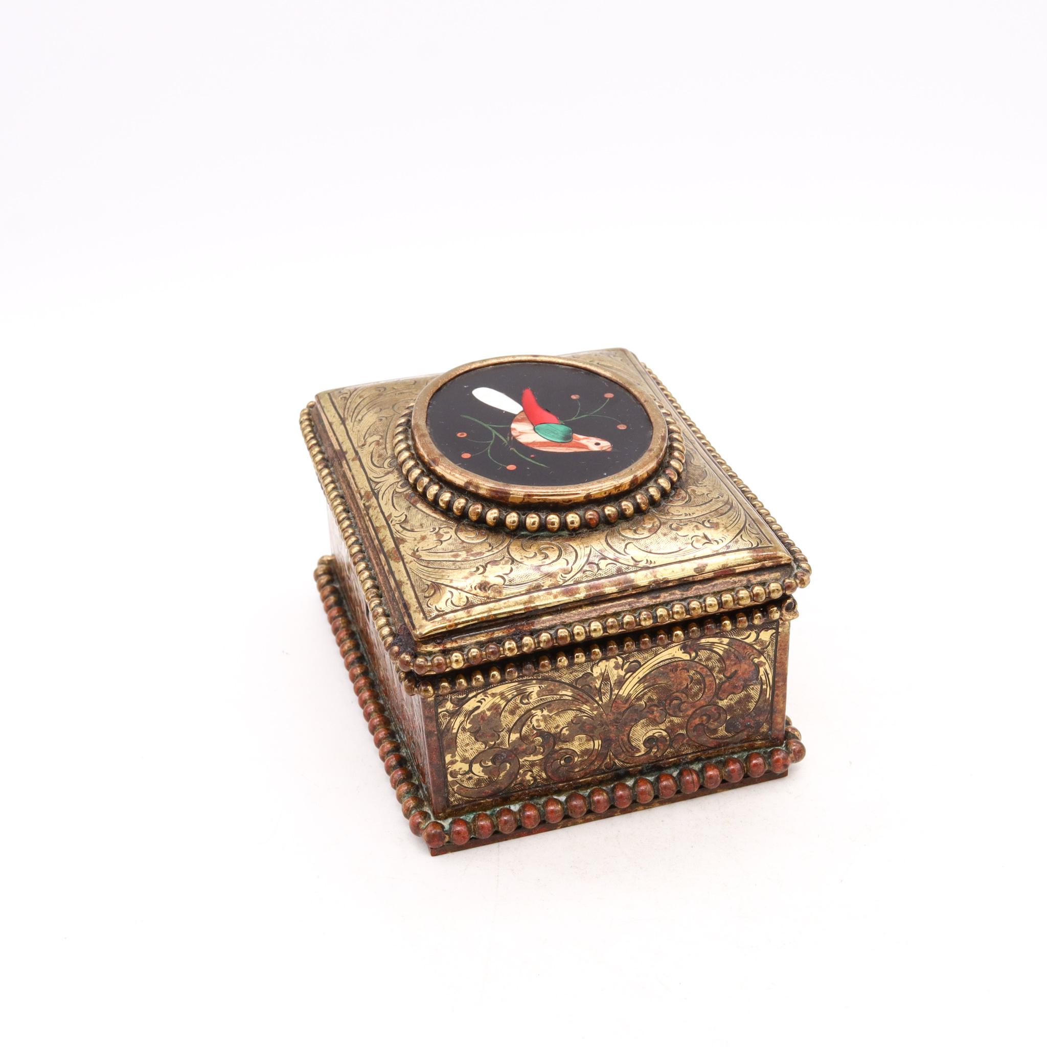Italian 19th Century Antique Pietra Dura Mosaic Chest Box in Gilt Bronze For Sale 2