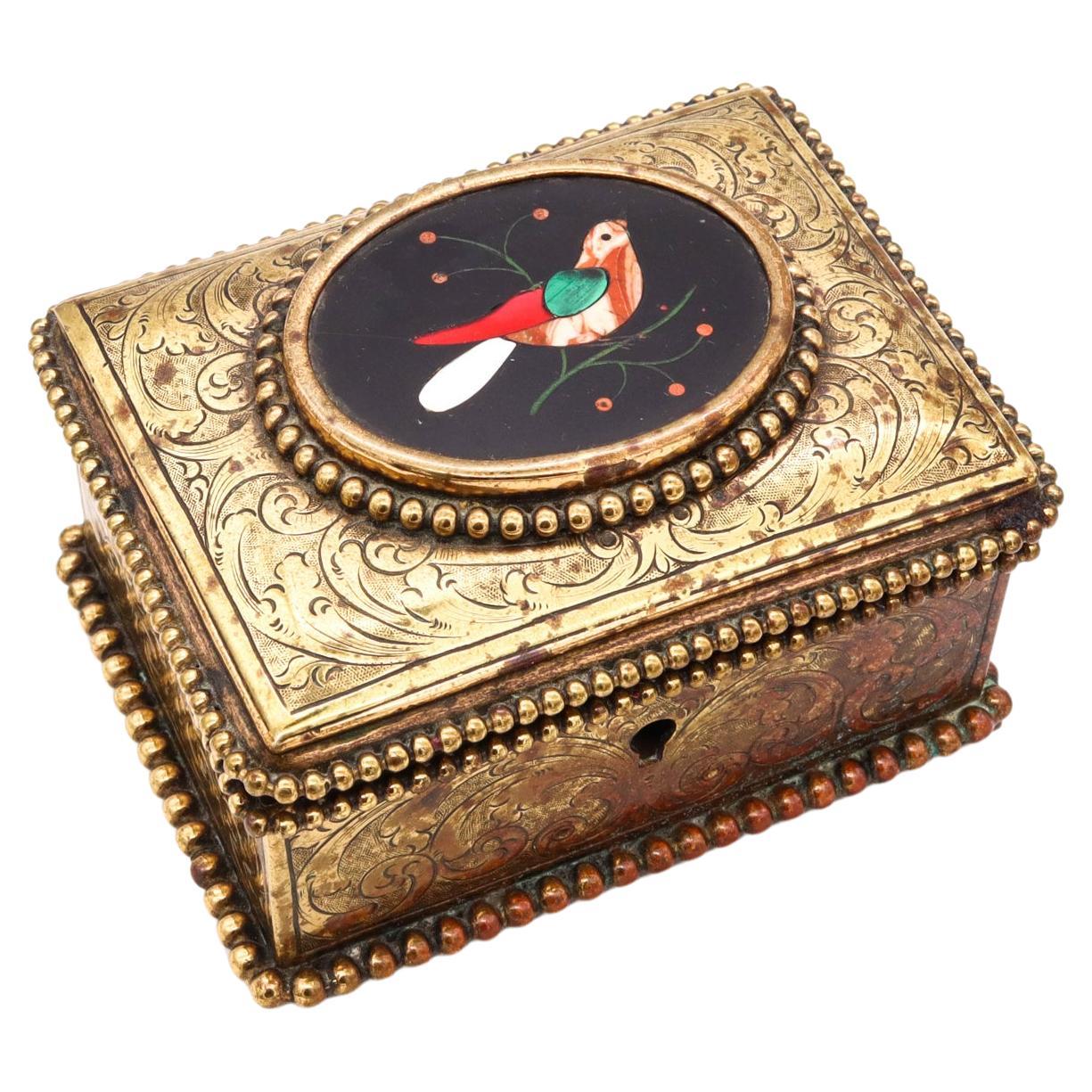 Italian 19th Century Antique Pietra Dura Mosaic Chest Box in Gilt Bronze For Sale