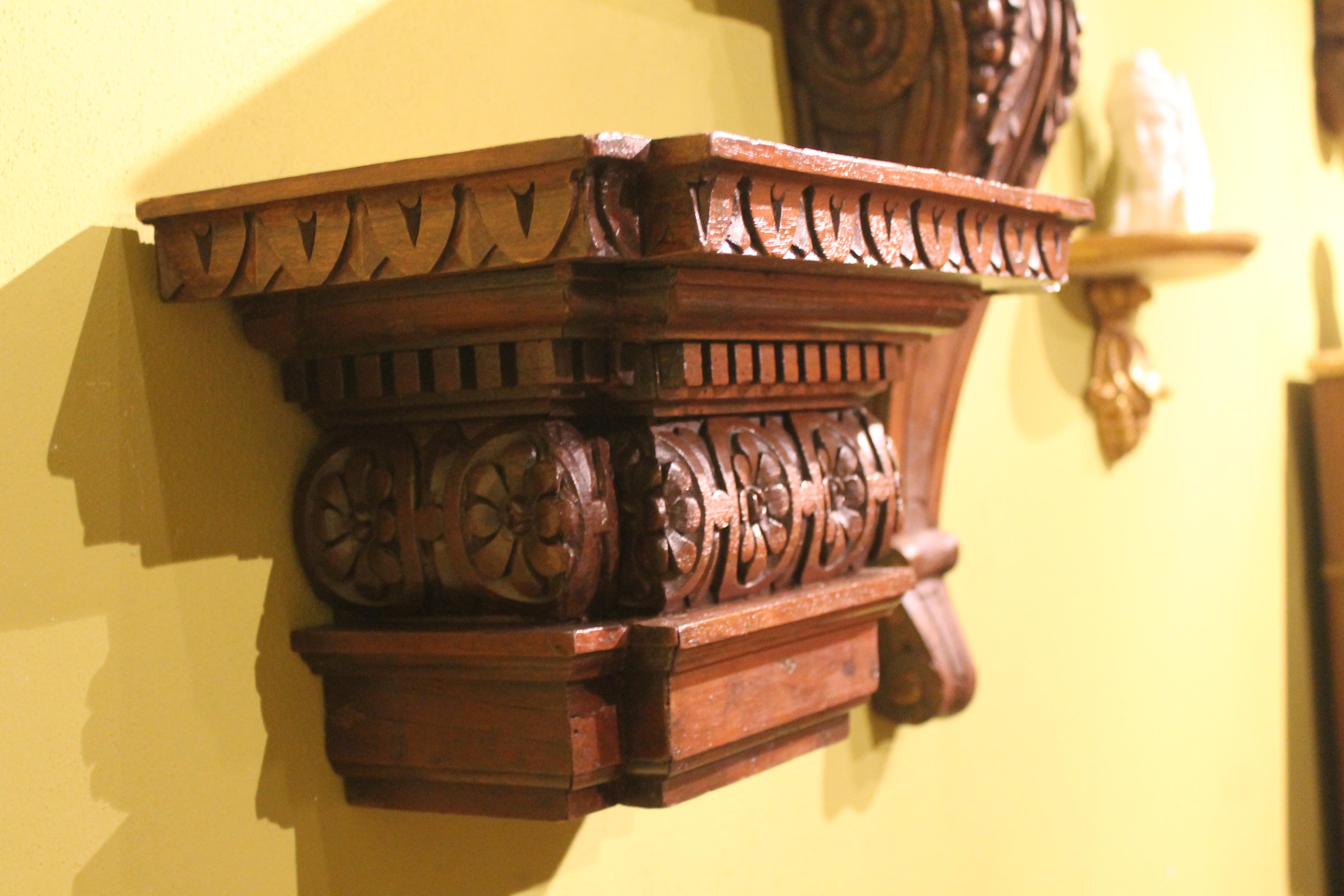 Italian 19th Century Architectural Hand Carved Walnut Wood Wall Bracket or Shelf 4