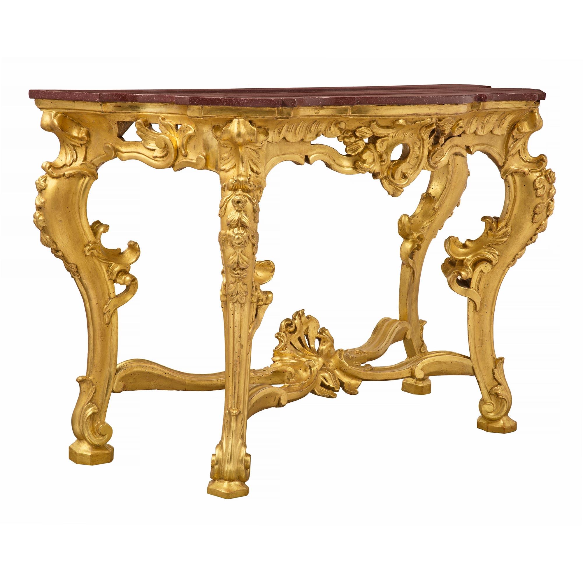  Italian 19th Century Baroque Giltwood and Faux Painted Porphyry Console In Good Condition For Sale In West Palm Beach, FL