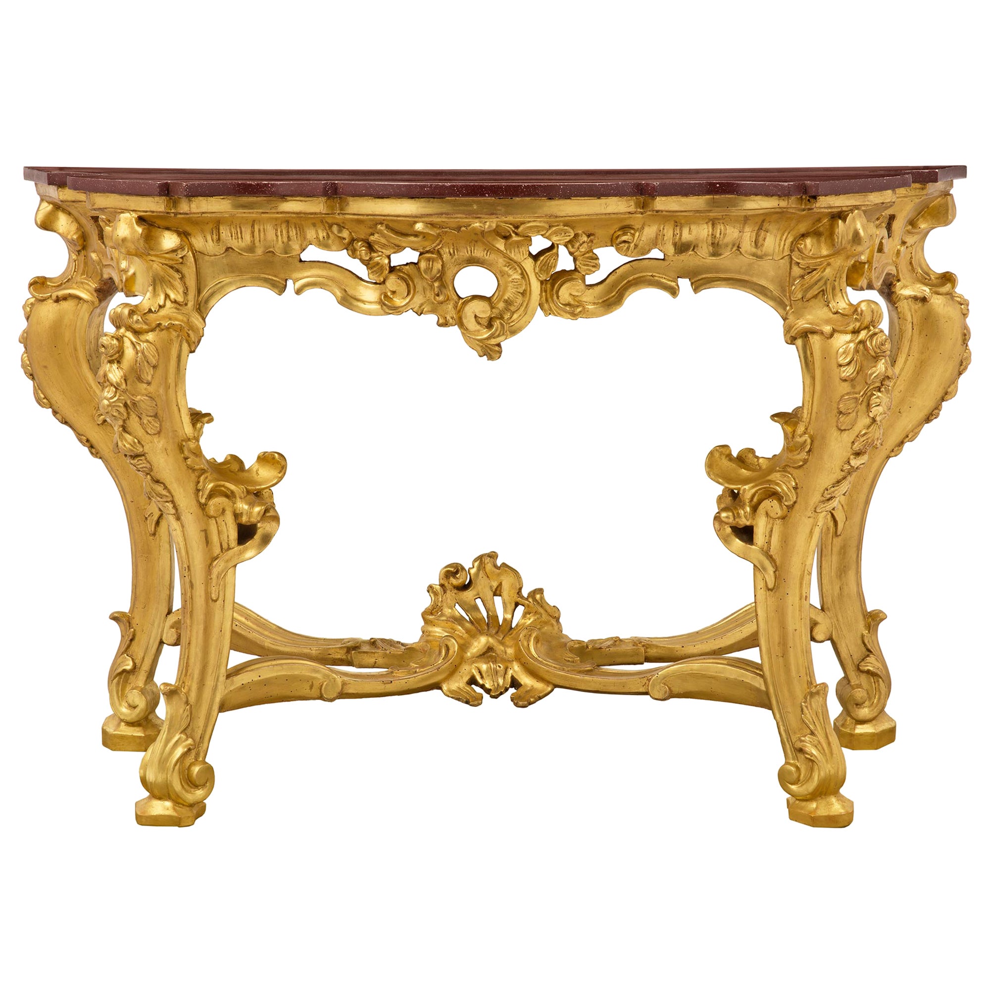 Consola italiana barroca del siglo XIX de madera dorada y pórfido pintado de imitación