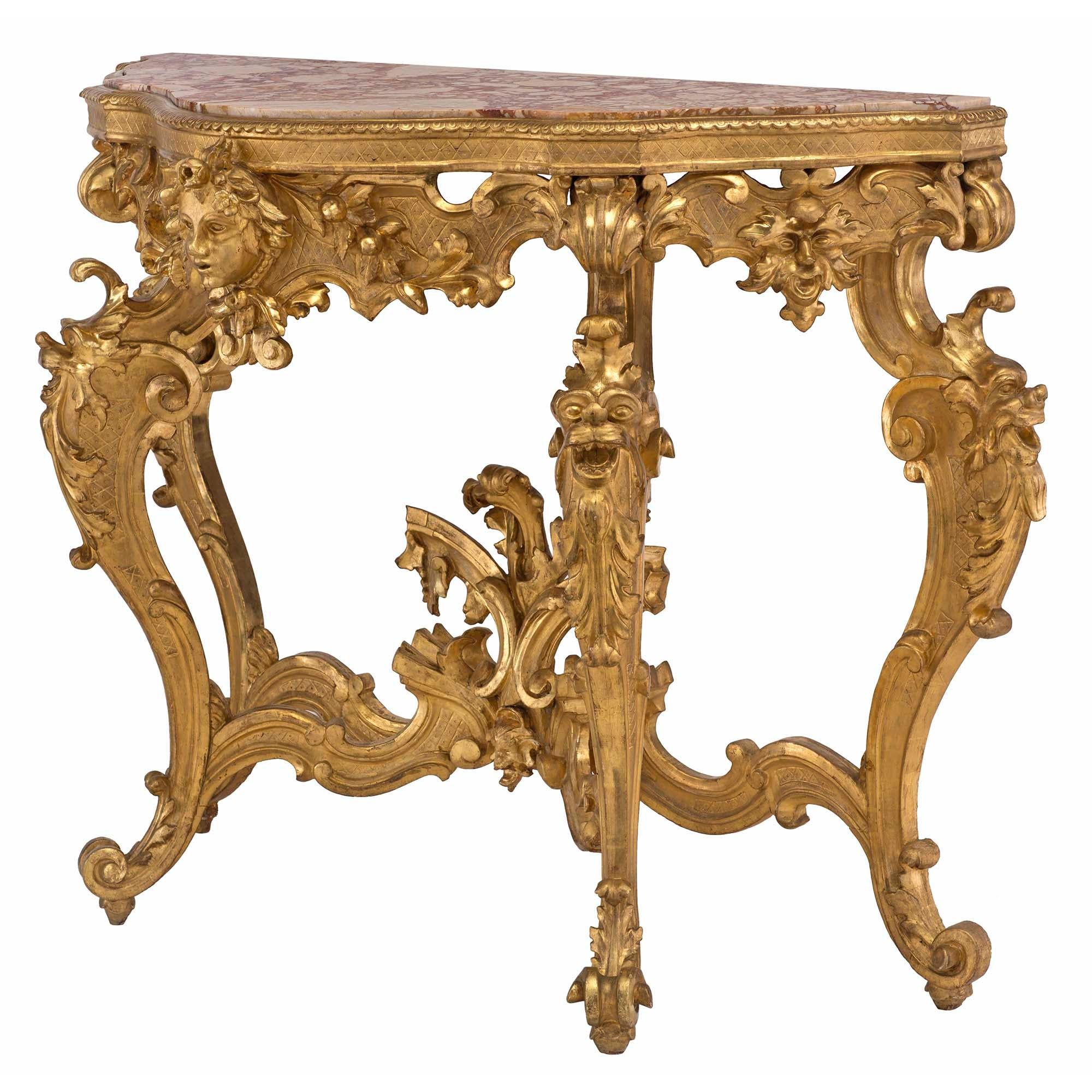 Italian 19th Century Baroque Giltwood and Marble Free Standing Console In Good Condition For Sale In West Palm Beach, FL