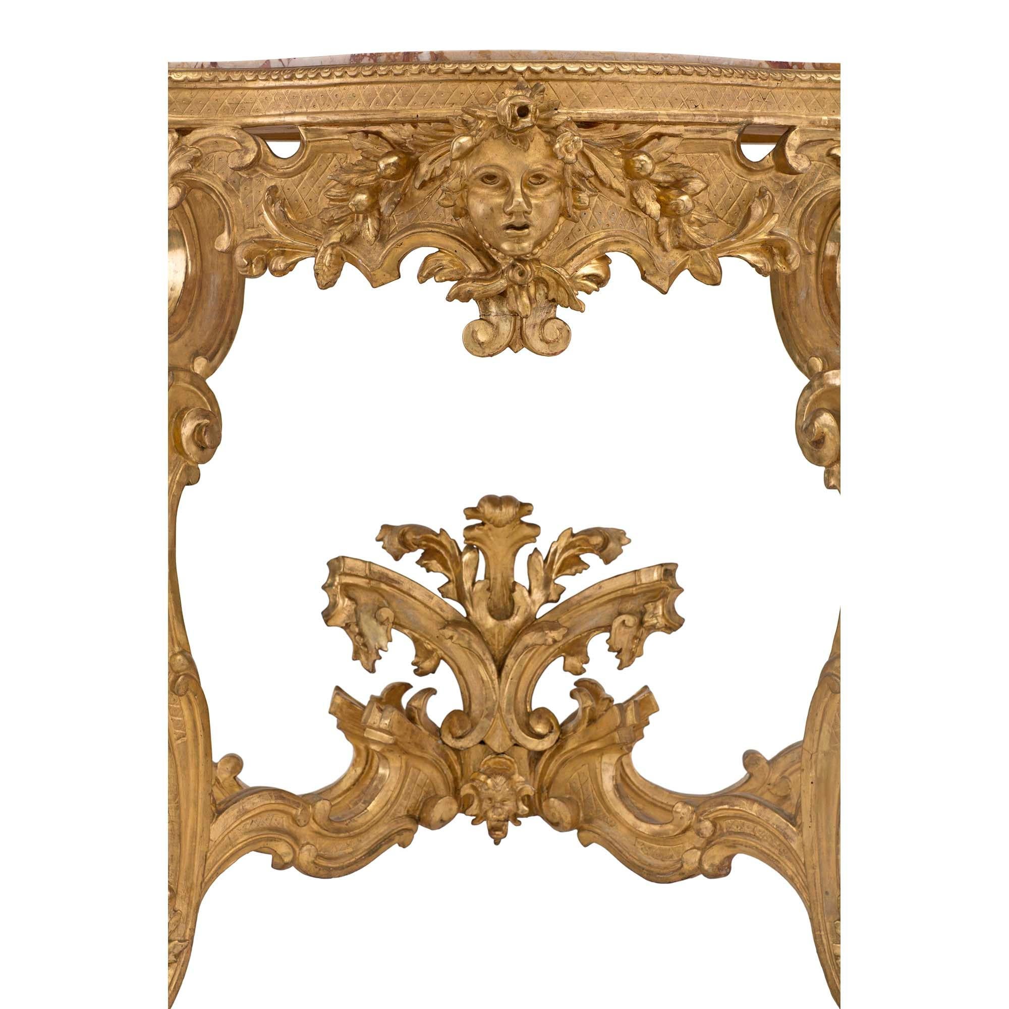 Italian 19th Century Baroque Giltwood and Marble Free Standing Console For Sale 1