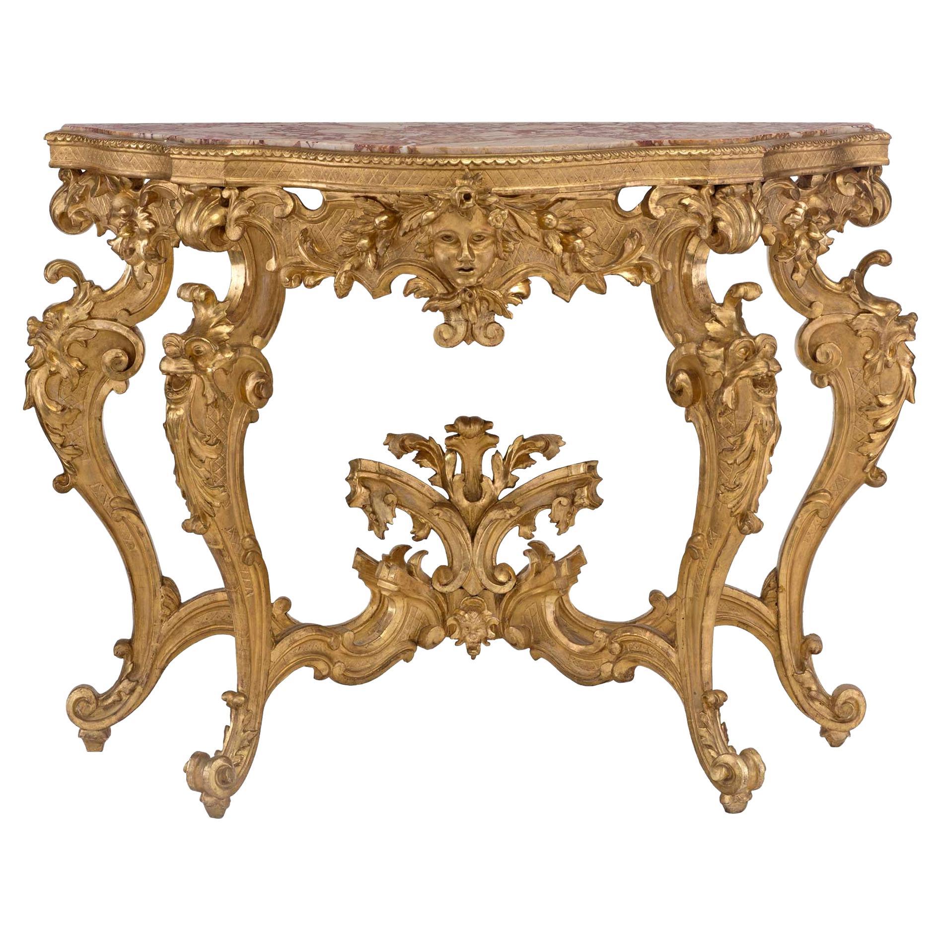 Console baroque italienne du 19ème siècle sur pied en bois doré et marbre